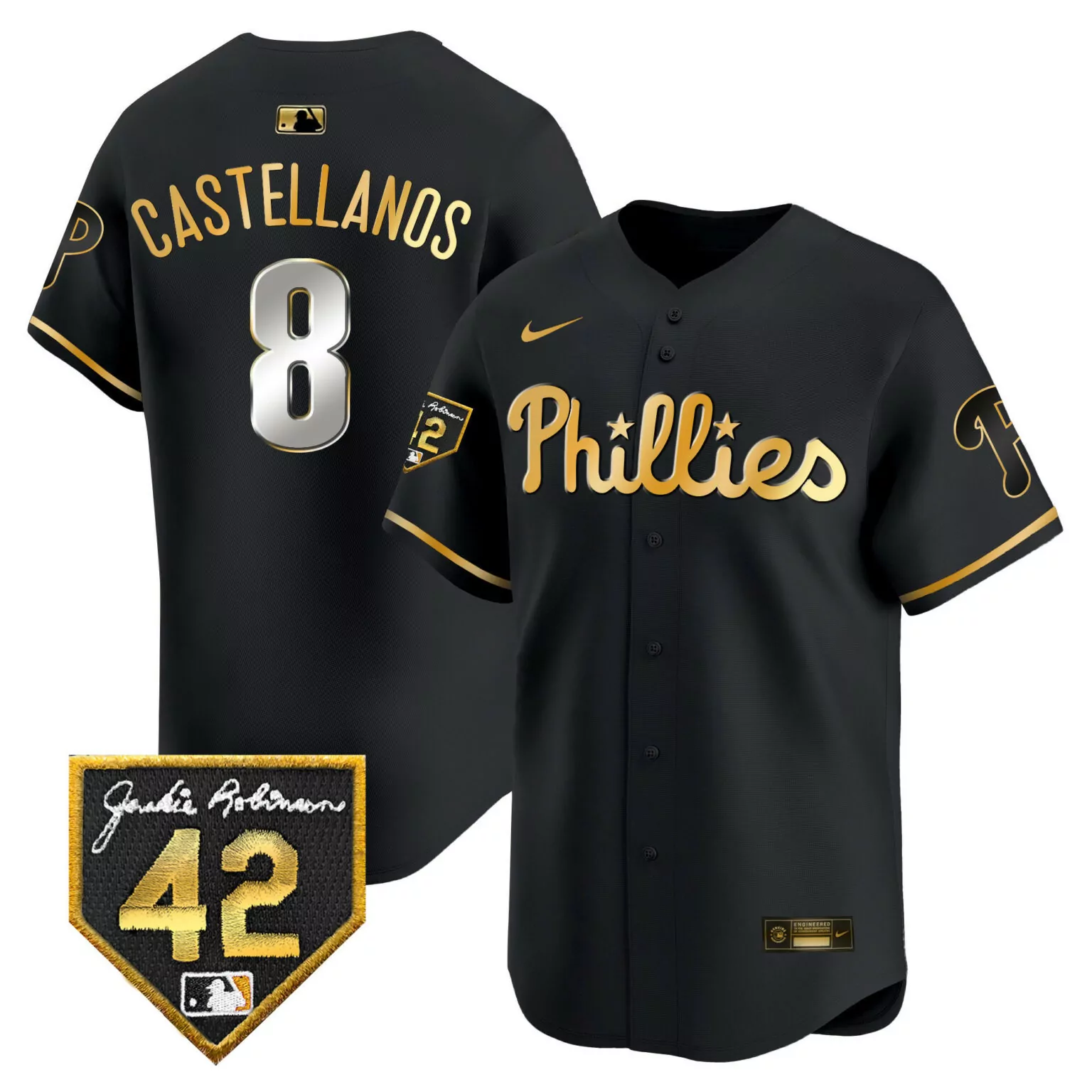 Personalized Black gold nick castellanos philadelphia phillies 2024 jackie robinson patch vapor jersey 7856
