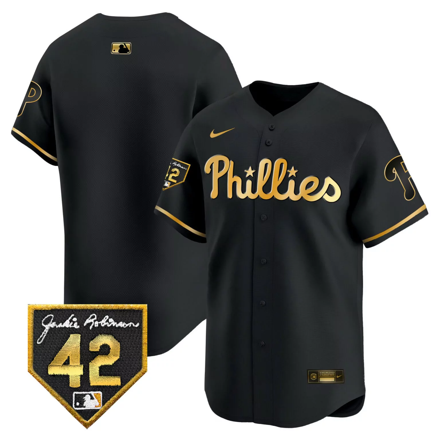 Custom Black gold team philadelphia phillies 2024 jackie robinson patch vapor jersey 2417