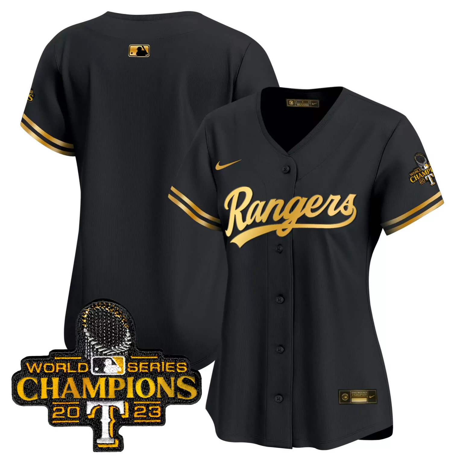 Personalized Black gold team texas rangers 2023 world series champions gold trim jersey all stitched 2574