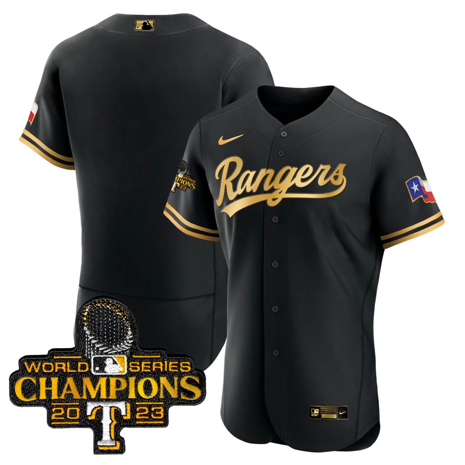 Custom Black gold team texas rangers 2023 world series champions jersey v3 all stitched 8917