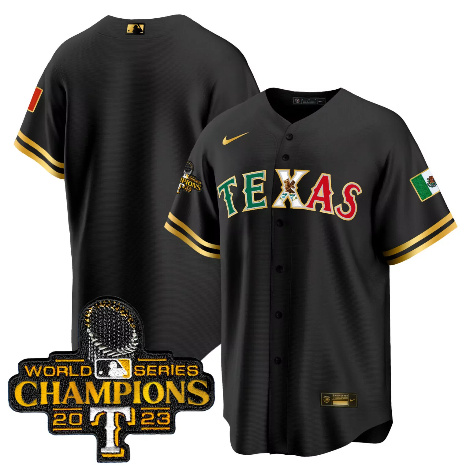 Custom Black gold team texas rangers mexico 2023 world series champions jersey all stitched 7914