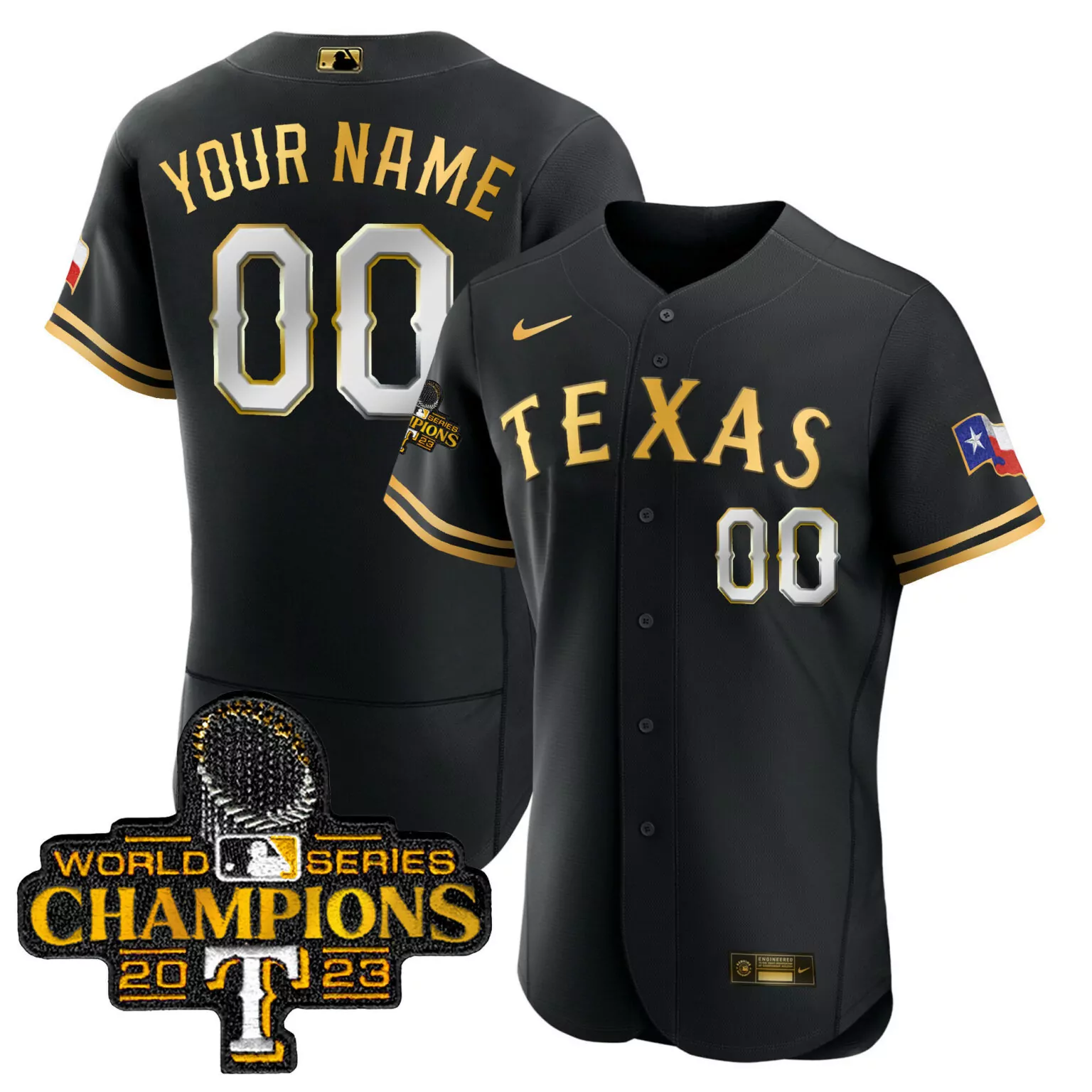 Personalized Black gold texas rangers 2023 world series champions custom jersey all stitched 7565