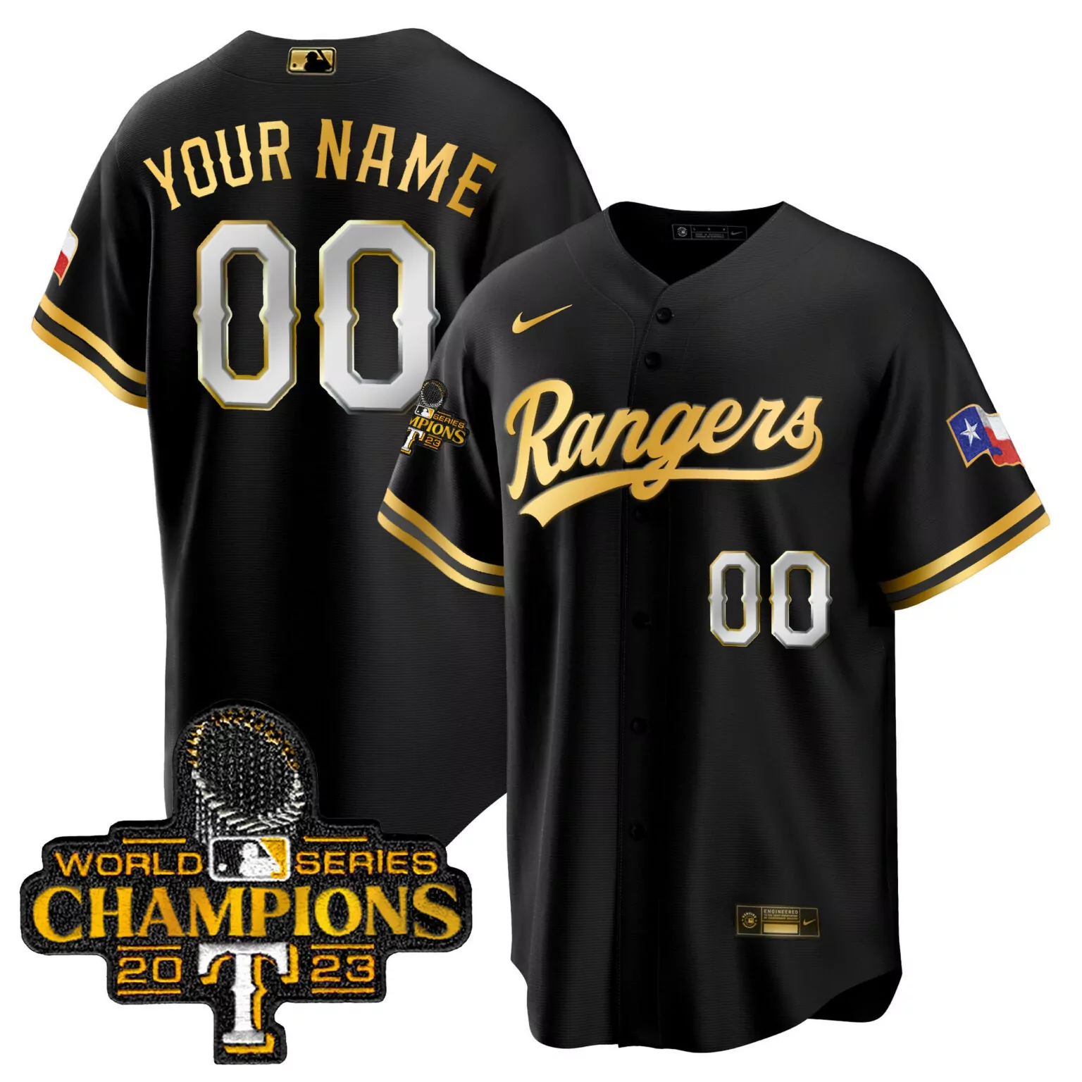 Custom Black gold texas rangers 2023 world series champions custom jersey v3 all stitched 5666
