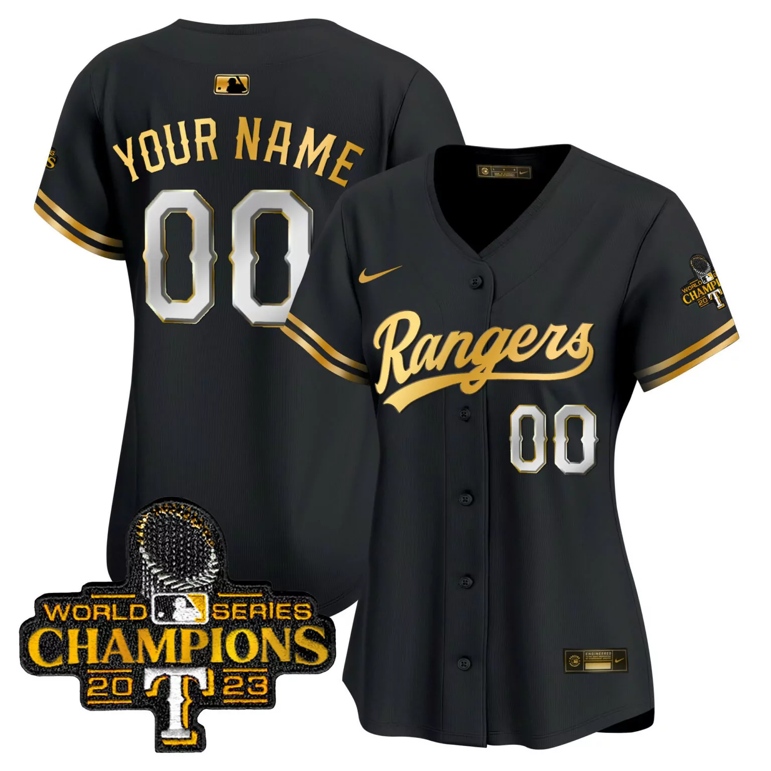 Custom Black gold texas rangers 2023 world series champions gold trim vapor custom jersey all stitched 4550