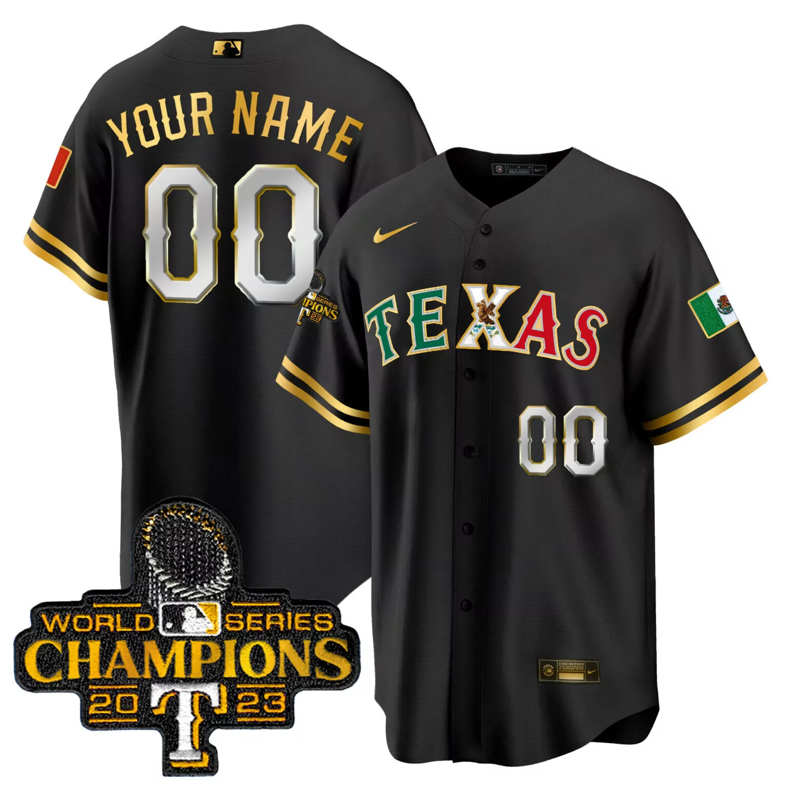 Personalized Black gold texas rangers mexico 2023 world series champions custom jersey all stitched 3742