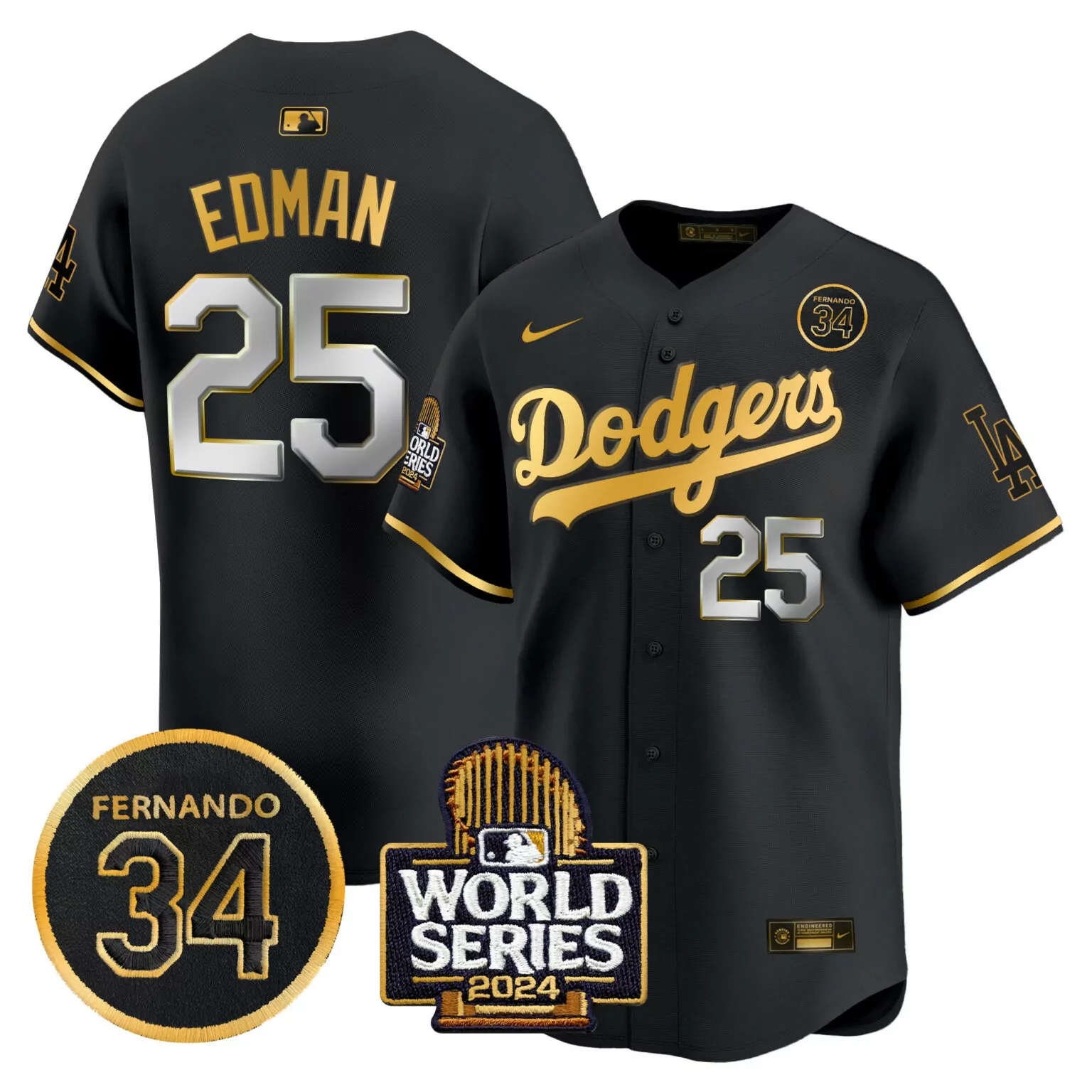 Personalized Black gold tommy edman los angeles dodgers valenzuela 2024 world series patch jersey v2 all stitched 8659