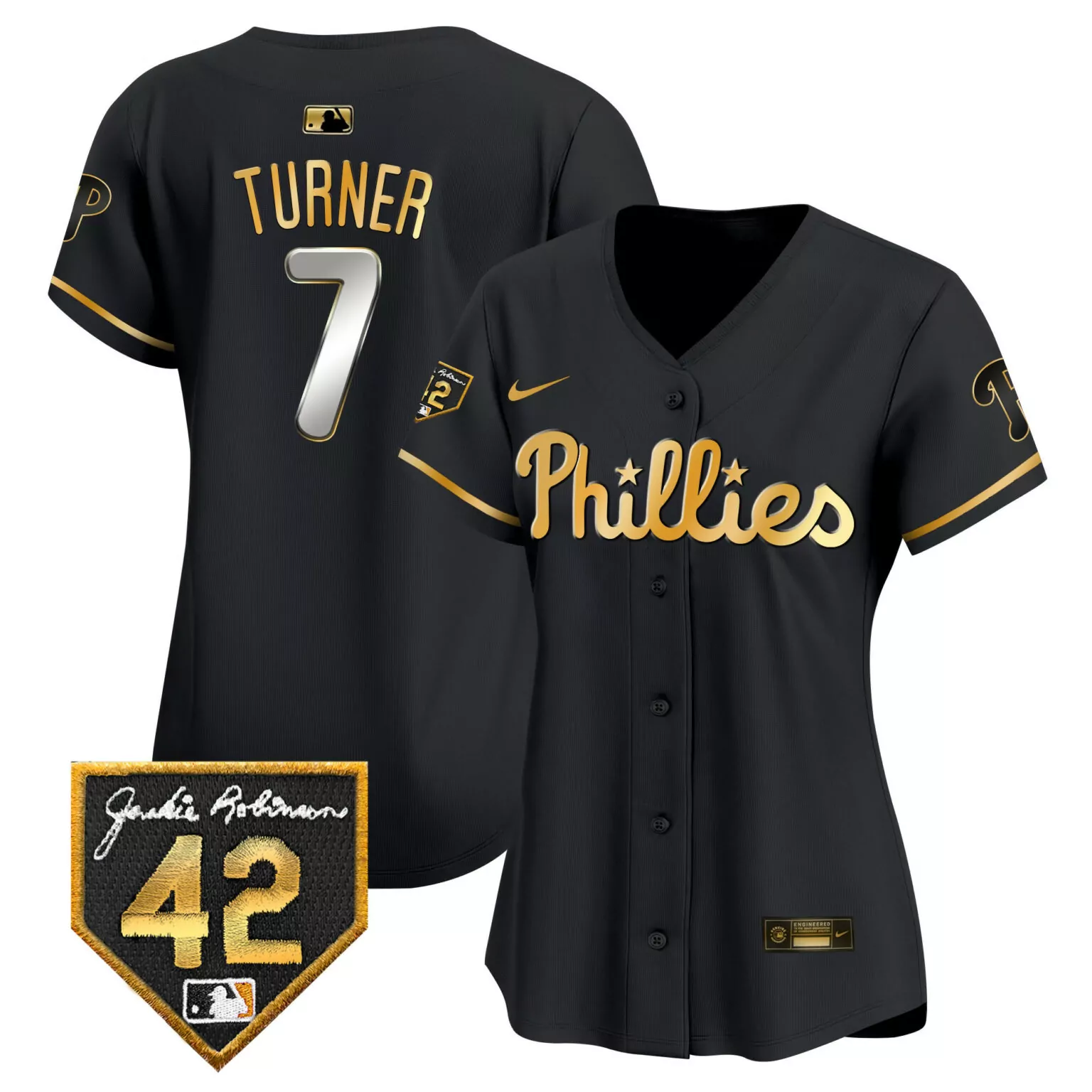 Customizable Black gold trea turner philadelphia phillies 2024 jackie robinson patch jersey all stitched 6296