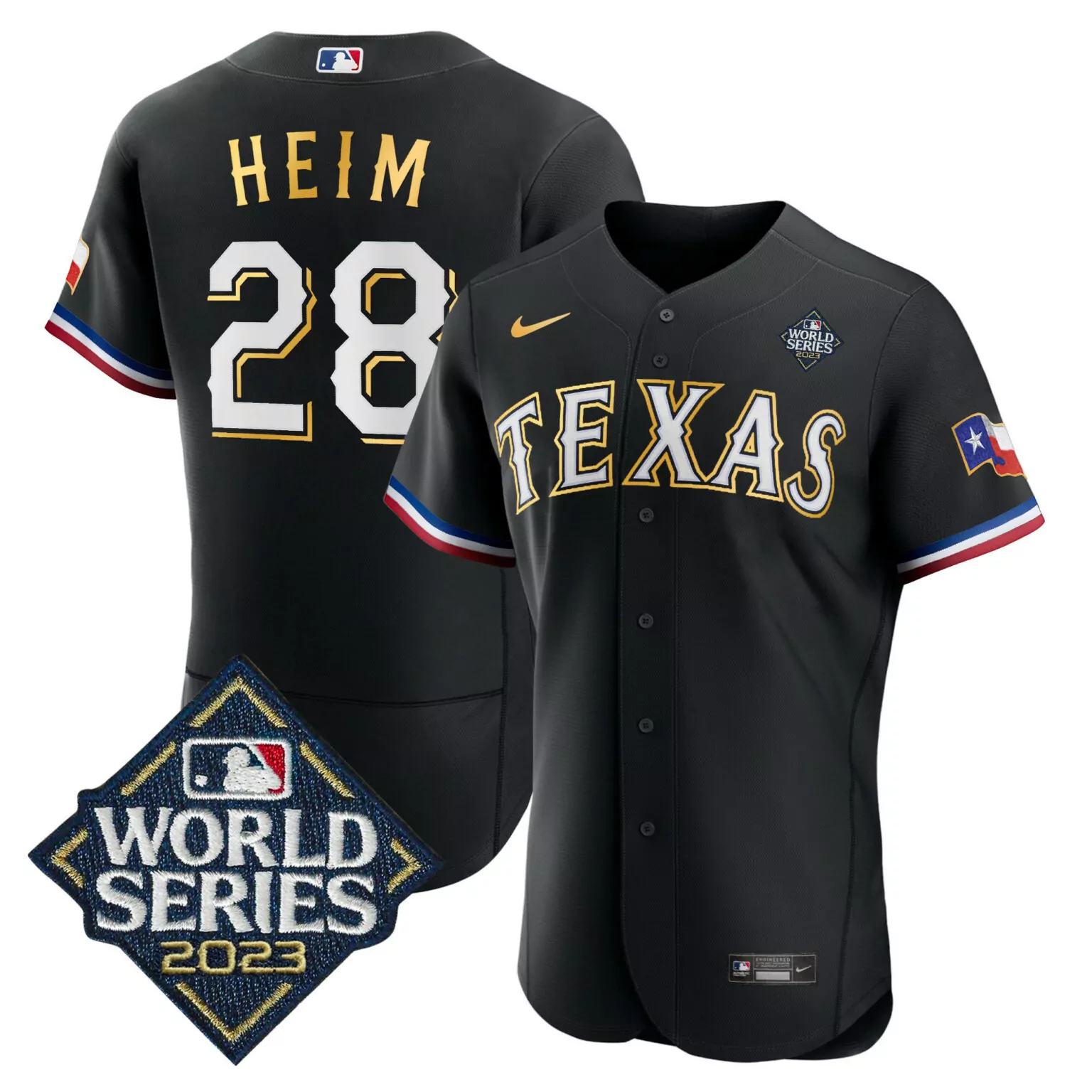 Customizable Black jonah heim texas rangers 2023 world series gold trim jersey v2 all stitched 9404