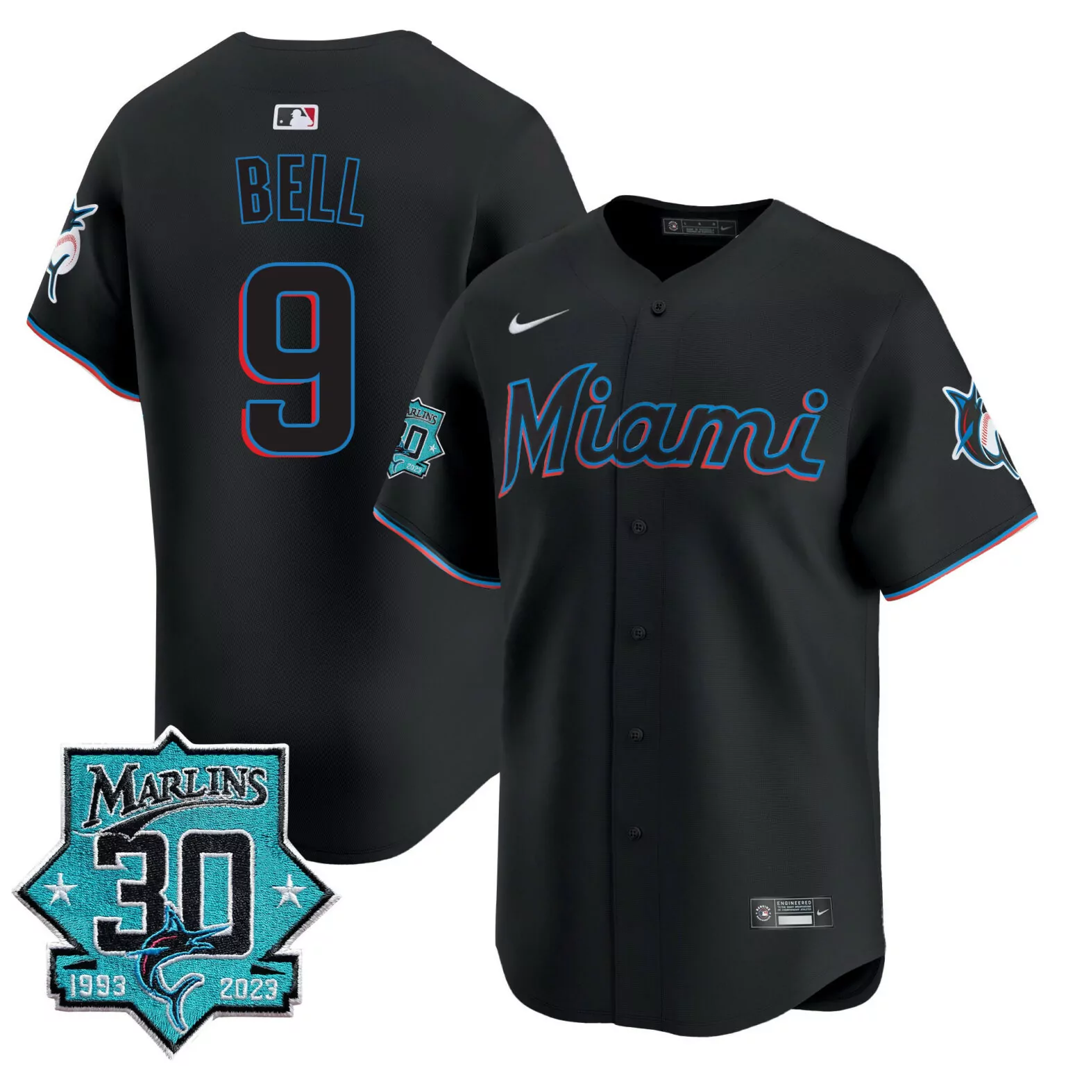 Personalized Black josh bell miami marlins 30 seasons anniversary patch jersey all stitched 3383