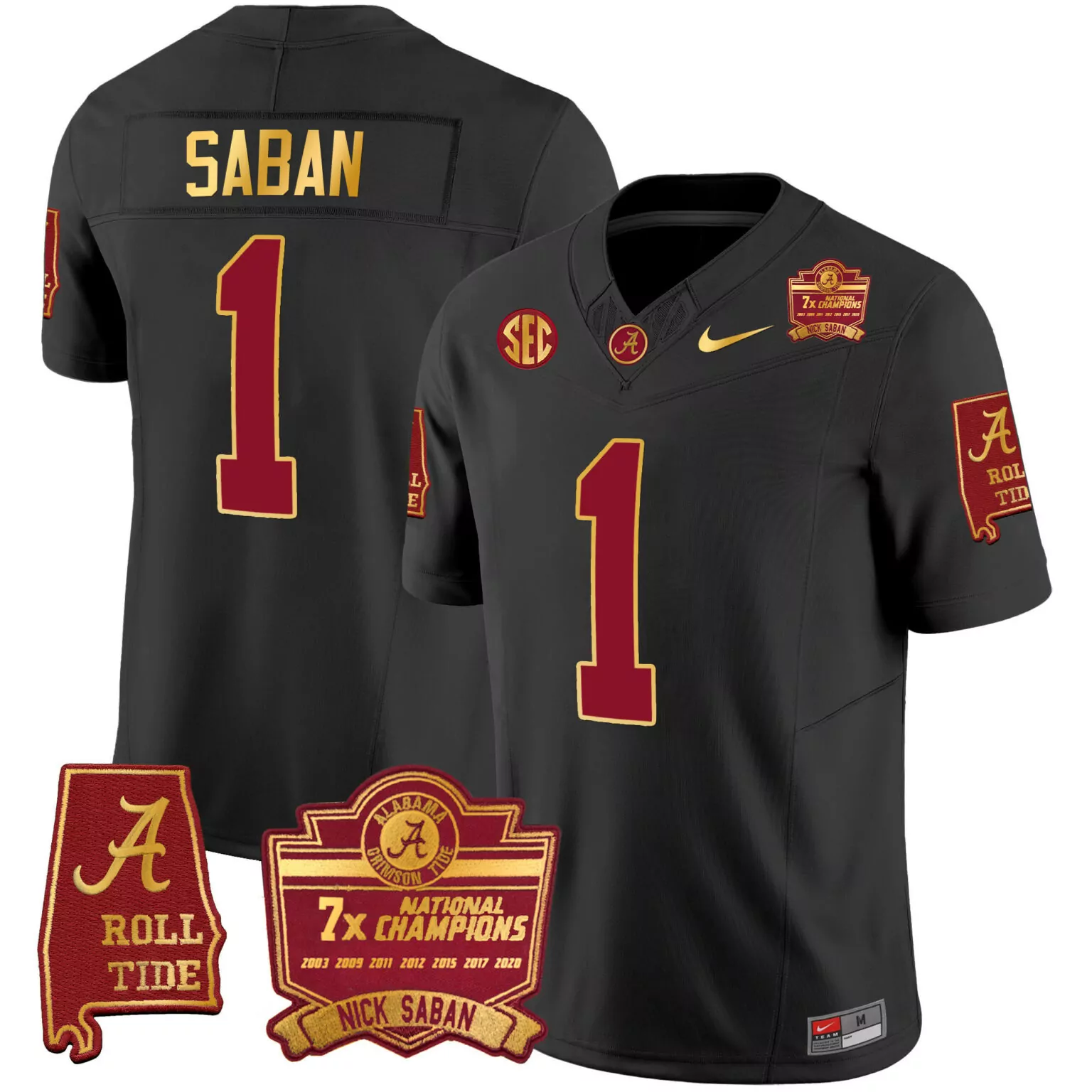 Personalized Black nick saban alabama crimson tide 7x champions patch gold trim jersey all stitched 8713