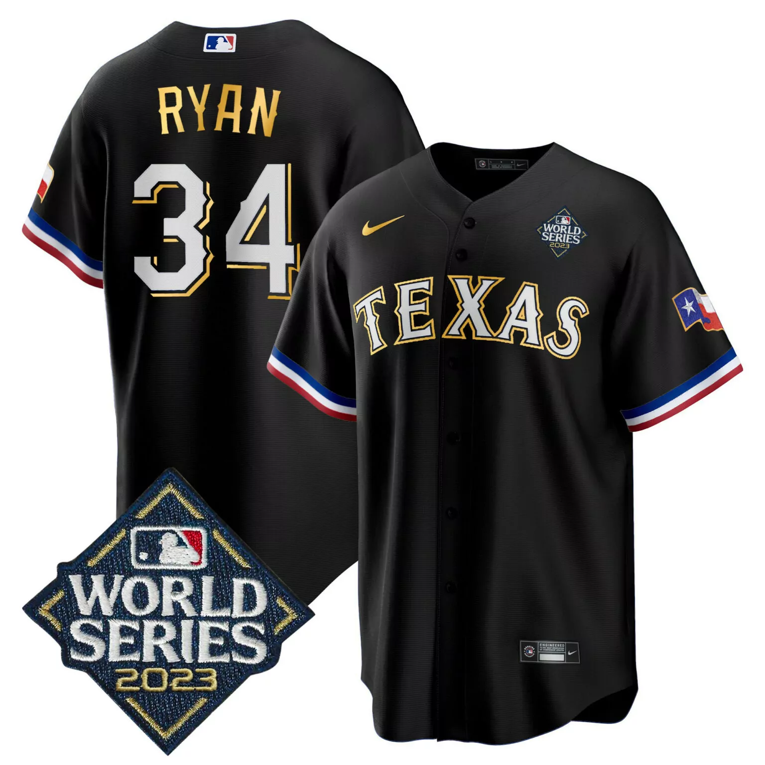 Personalized Black nolan ryan texas rangers 2023 world series gold trim jersey v2 all stitched 3709