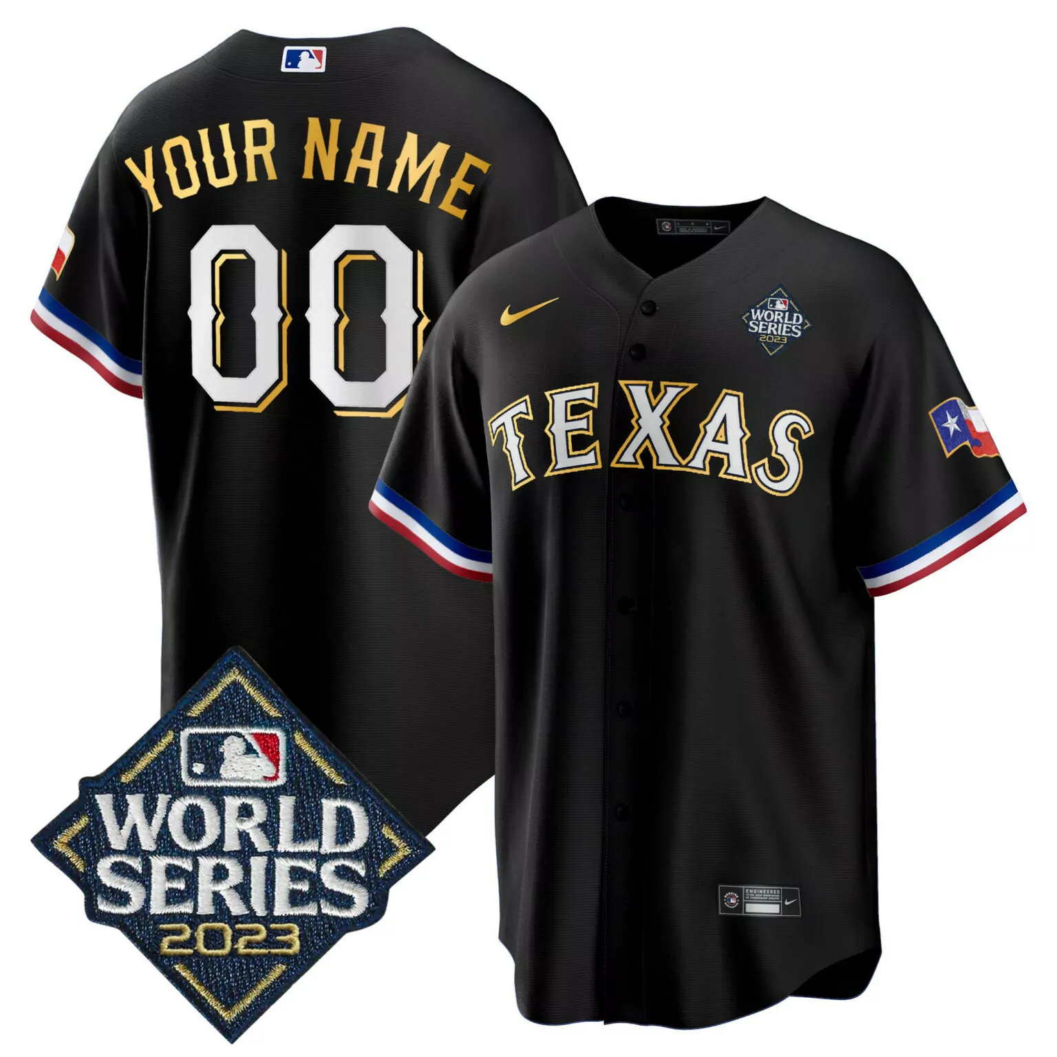Custom Black texas rangers 2023 world series gold trim custom jersey v2 all stitched 4611