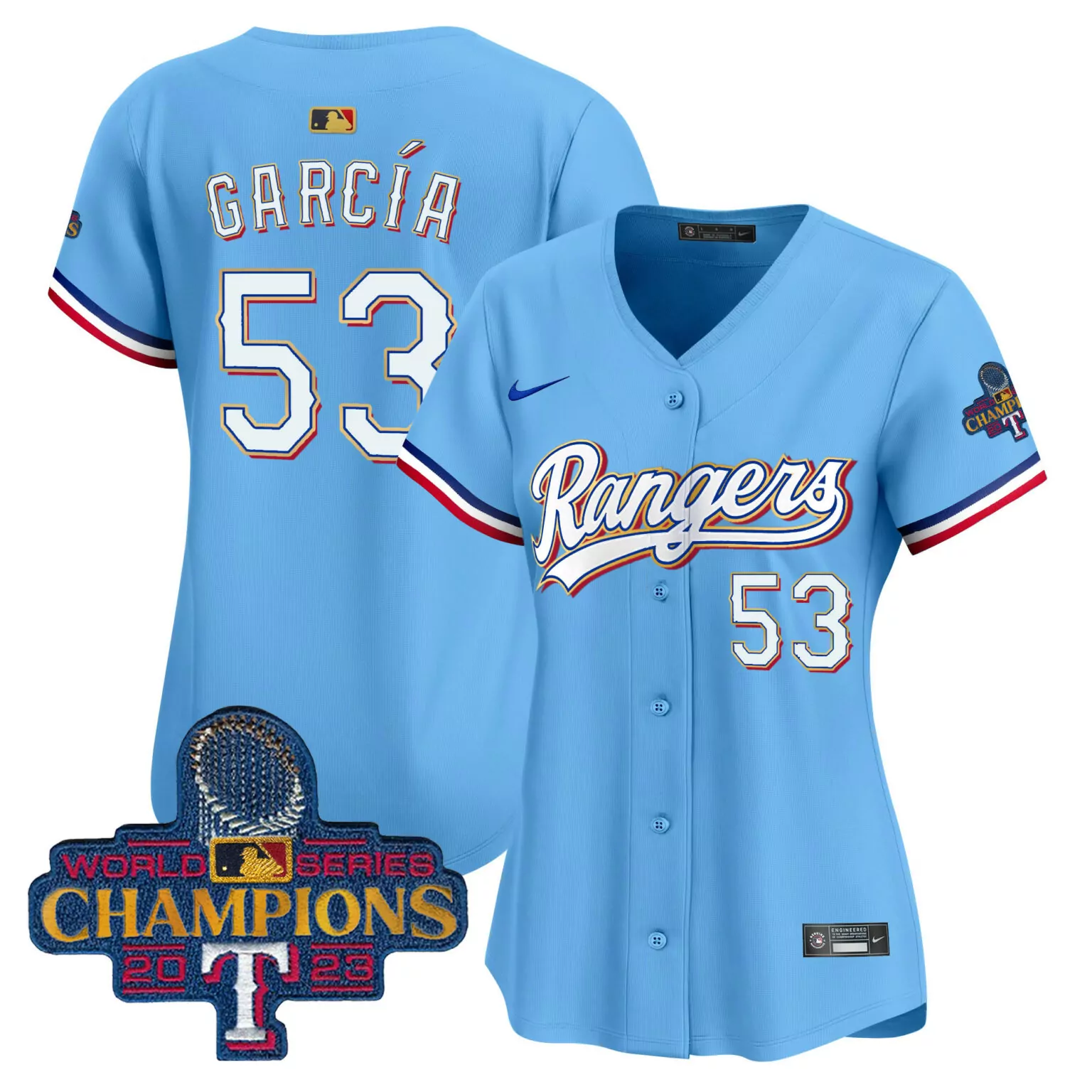 Personalized Blue adolis garcia texas rangers 2023 world series champions gold trim jersey all stitched 9353