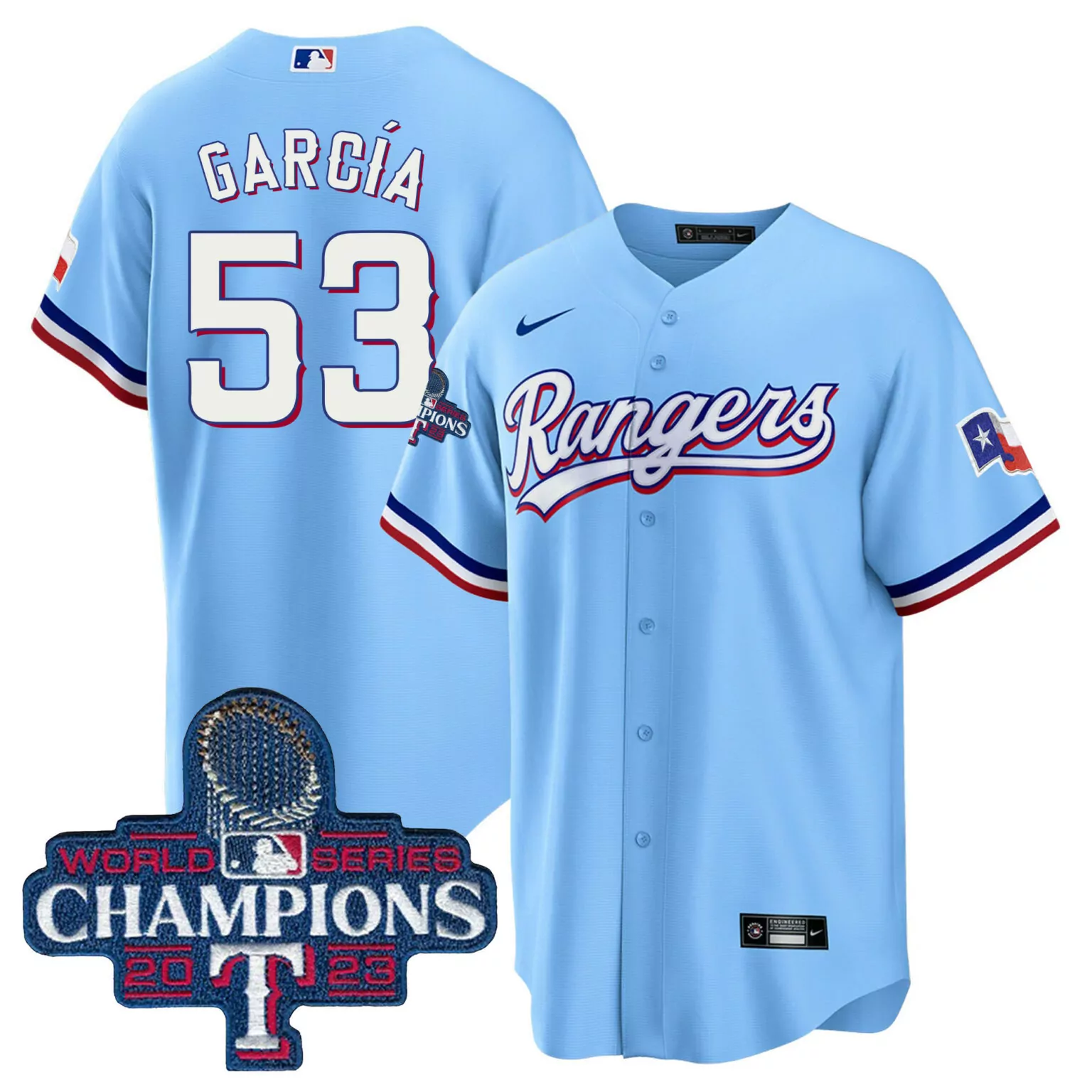 Customizable Blue adolis garcia texas rangers 2023 world series champions jersey v3 all stitched 2777