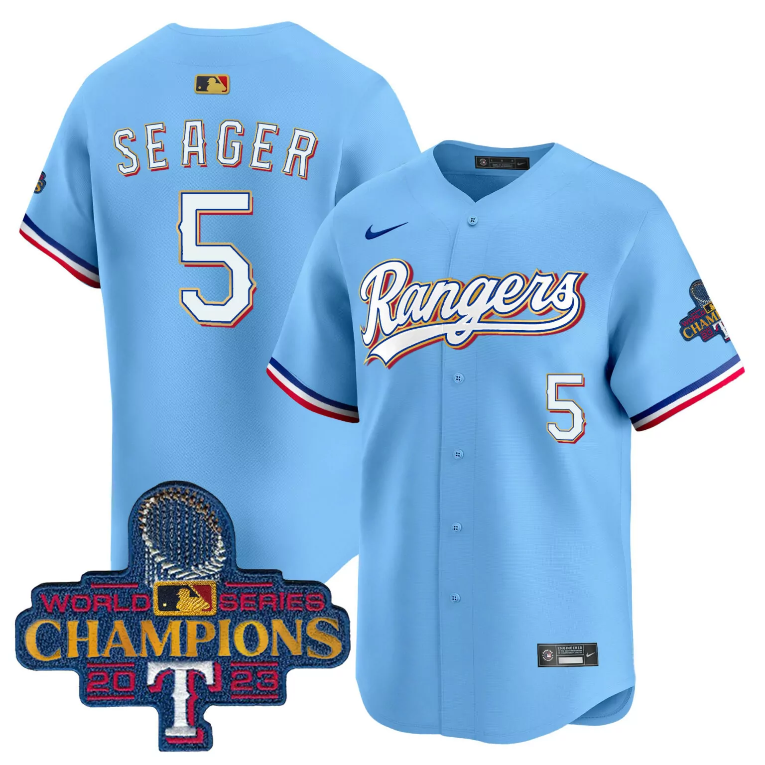 Custom Blue corey seager texas rangers 2023 world series champions gold trim jersey all stitched 9029