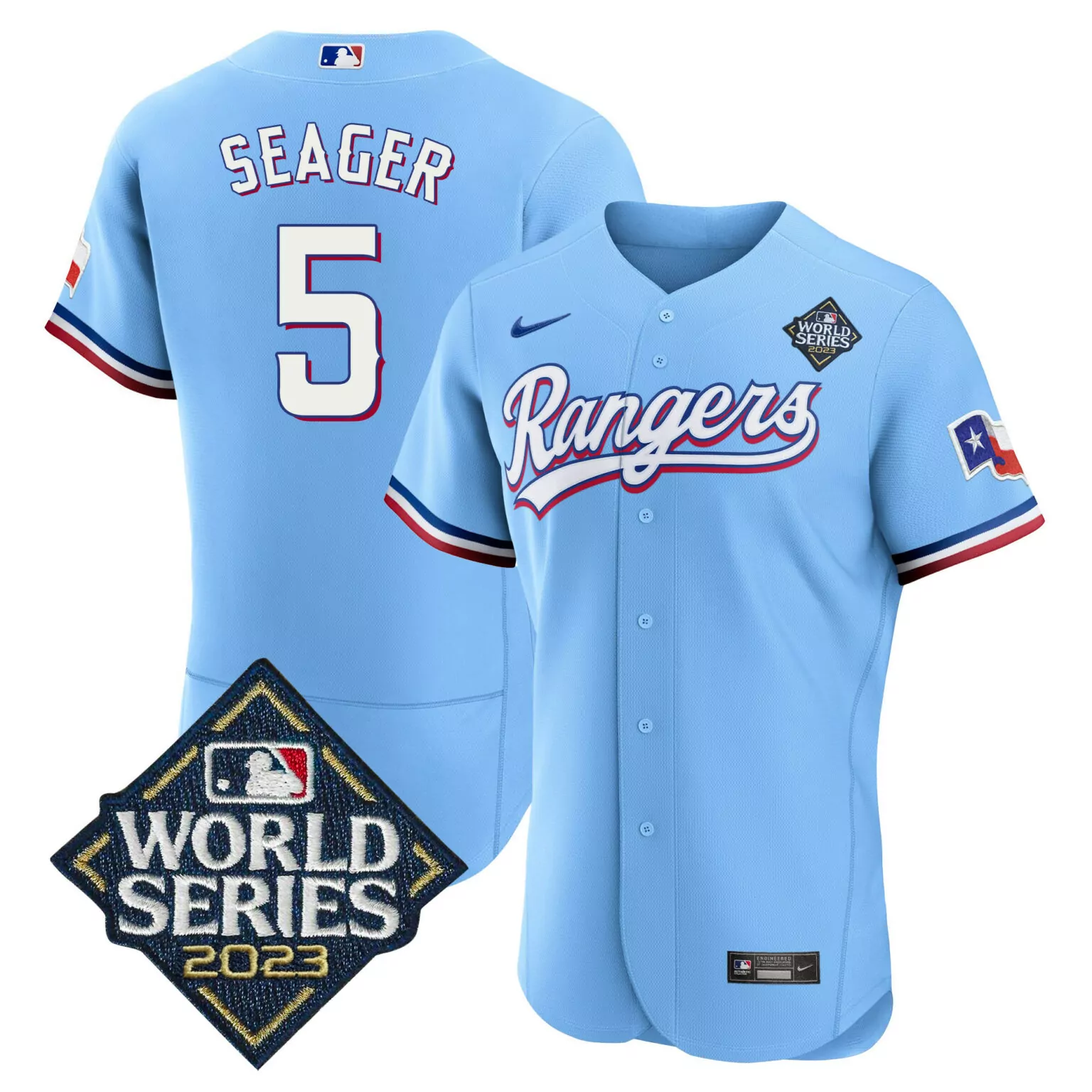 Personalized Blue corey seager texas rangers 2023 world series jersey v2 all stitched 5174