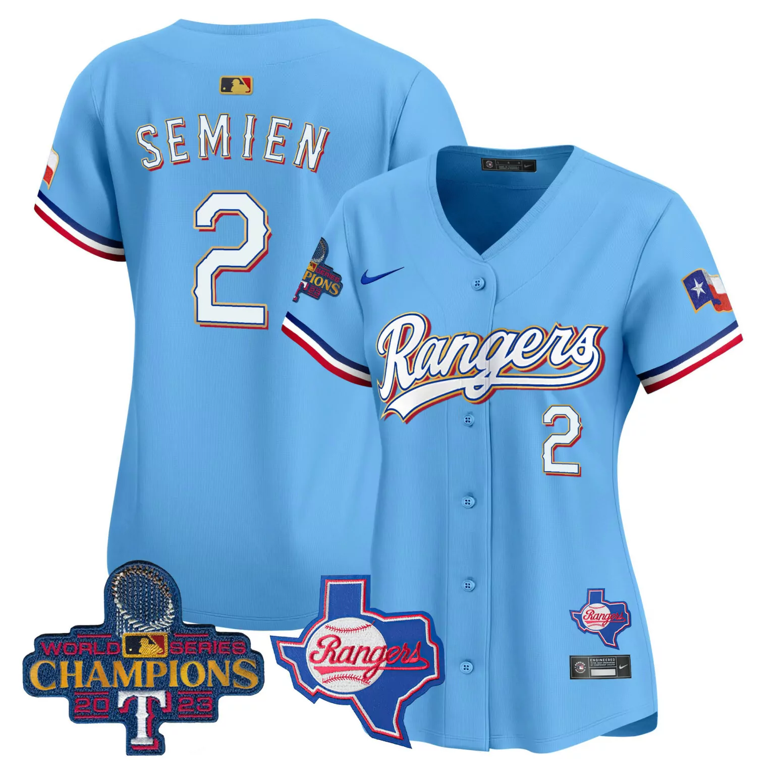 Personalized Blue marcus semien texas rangers 2023 world series champions gold trim jersey v2 all stitched 6763
