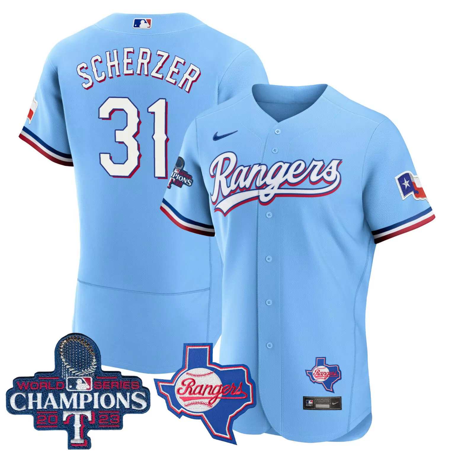 Customizable Blue max scherzer texas rangers 2023 world series champions jersey v2 all stitched 7960