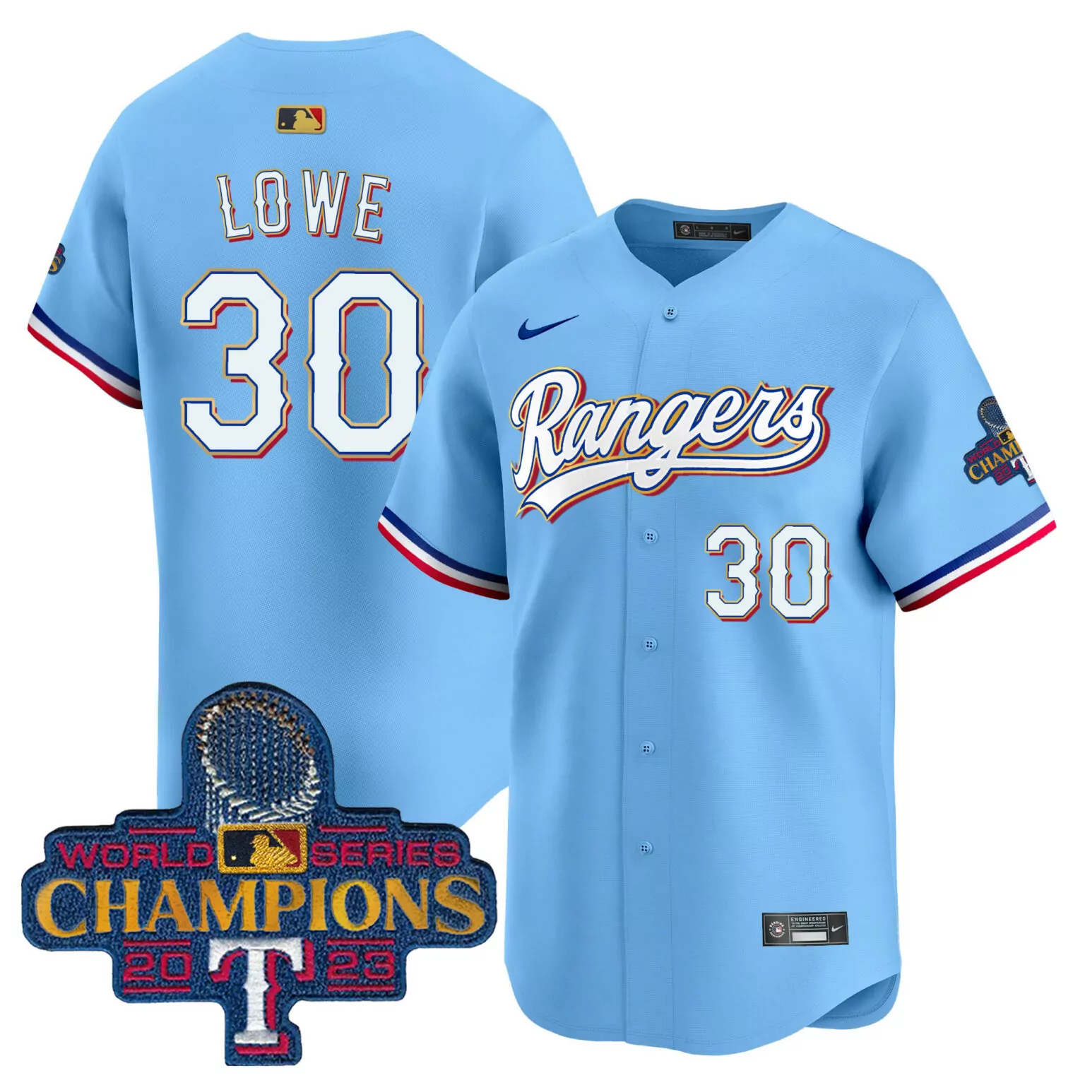 Personalized Blue nathaniel lowe texas rangers 2023 world series champions gold trim jersey all stitched 9868