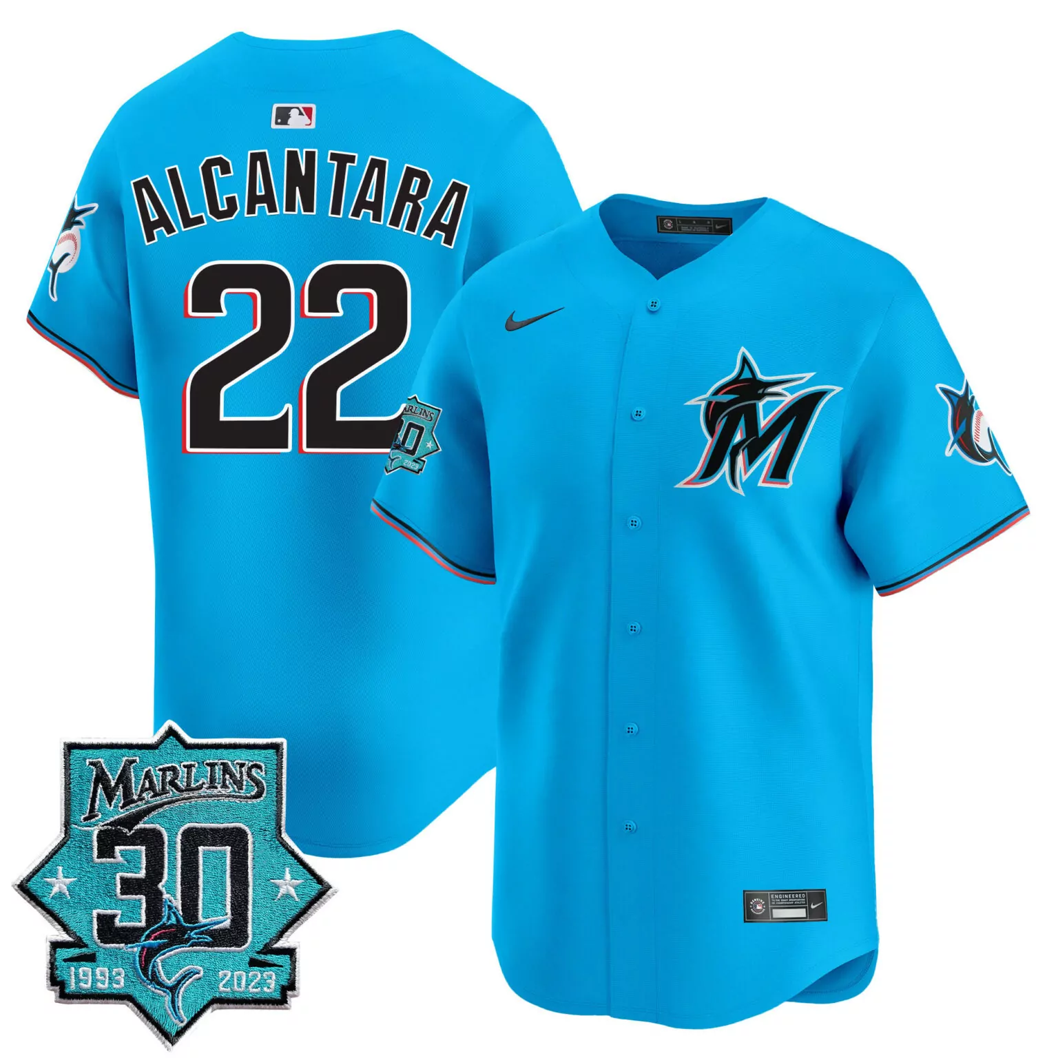 Customizable Blue sandy alcantara miami marlins 30 seasons anniversary patch jersey all stitched 2268