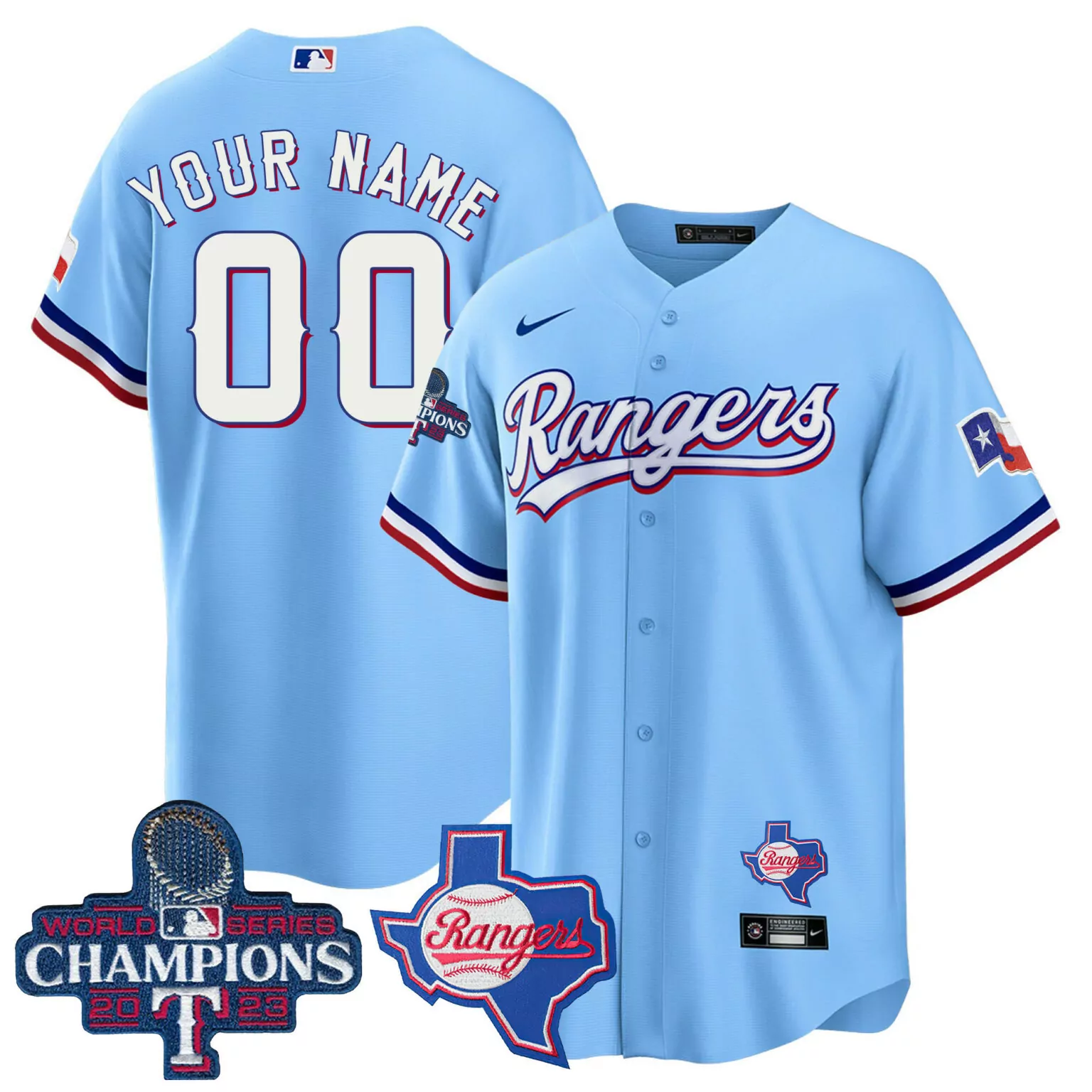 Personalized Blue texas rangers 2023 world series champions custom jersey v2 all stitched 8767