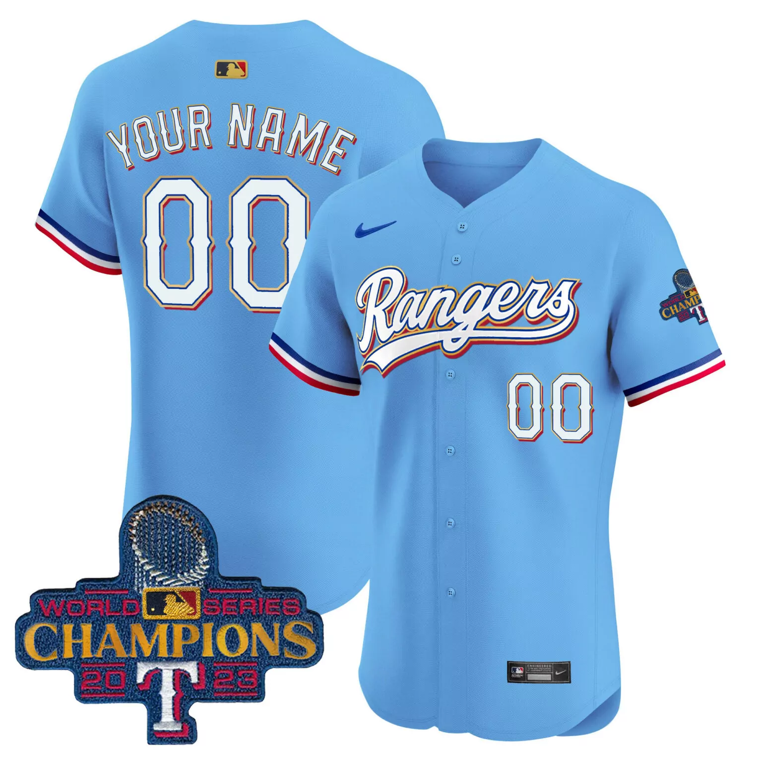 Personalized Blue texas rangers 2023 world series champions gold trim vapor elite custom jersey all stitched 2502