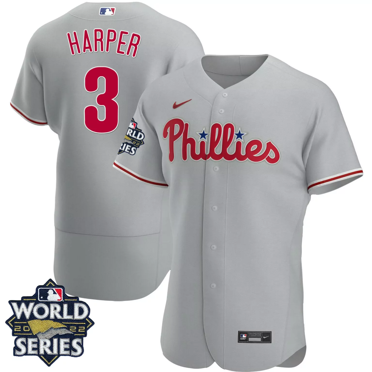 Personalized Bryce harper philadelphia phillies gray road 2022 world series jersey all stitched 6221