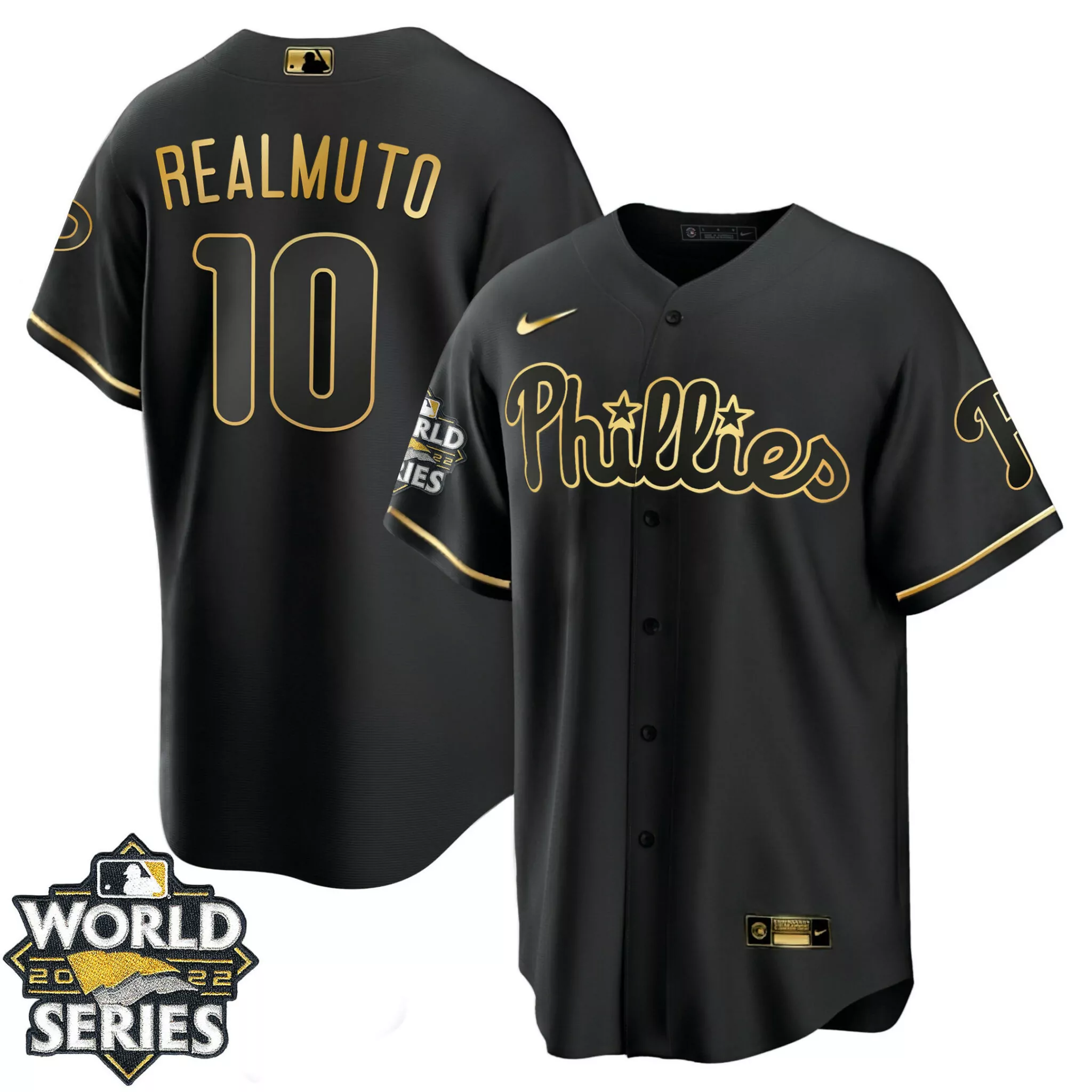 Personalized Cool black jt realmuto philadelphia phillies gold 2022 world series jersey all stitched 3368