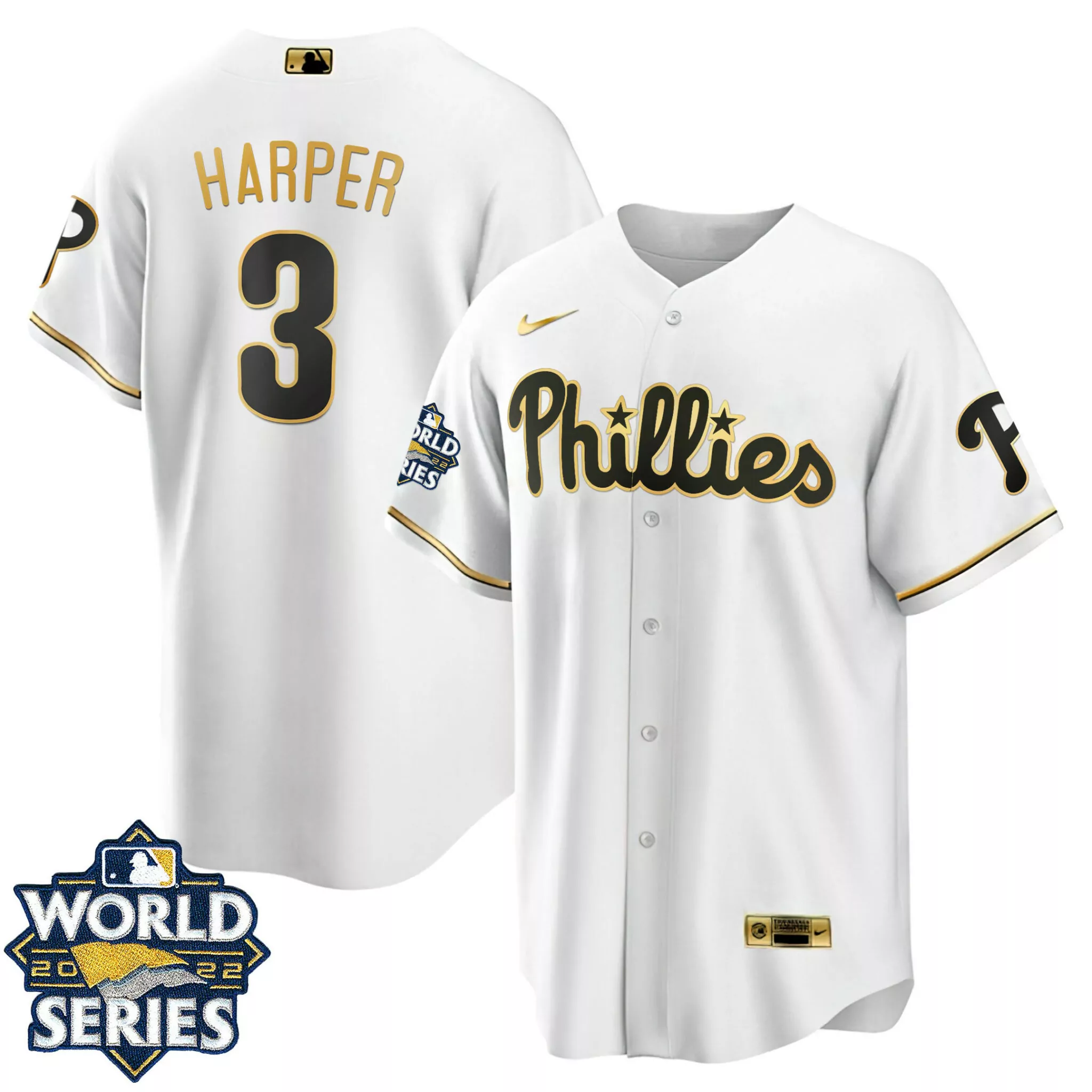 Custom Cool white bryce harper philadelphia phillies gold 2022 world series jersey all stitched 5771