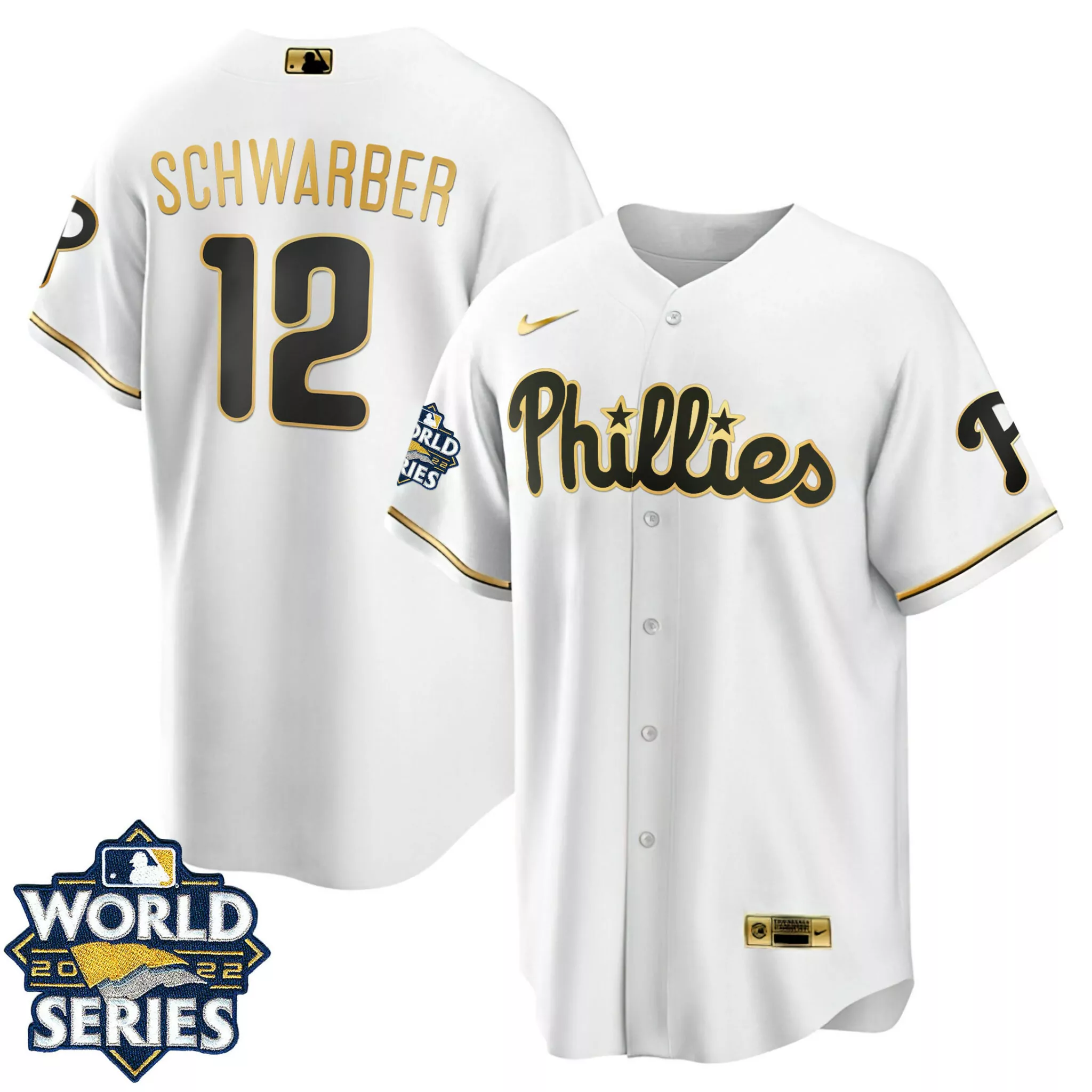 Personalized Cool white kyle schwarber philadelphia phillies gold 2022 world series jersey all stitched 2041