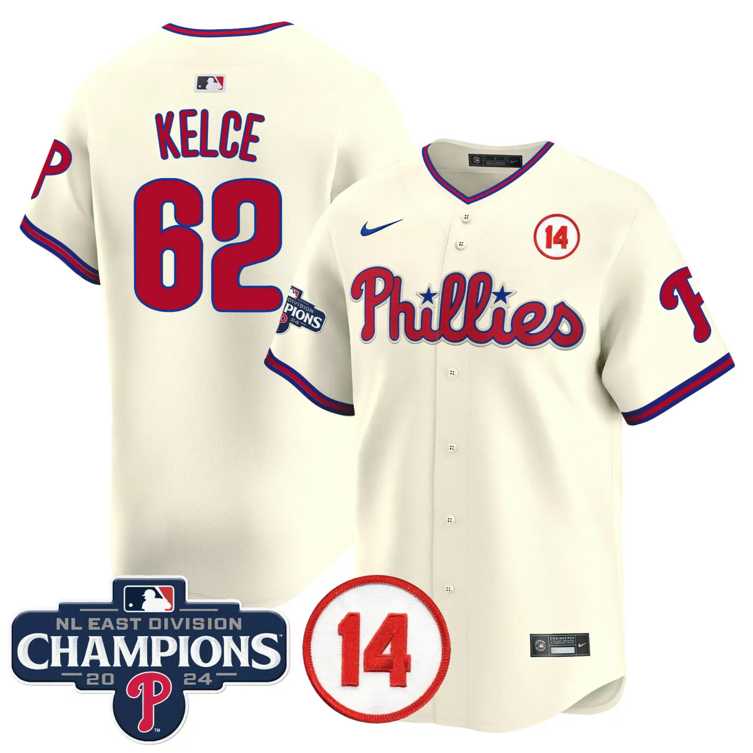 Custom Cream jason kelce philadelphia phillies 2024 nl east division champions pete rose patch jersey all stitched 8832