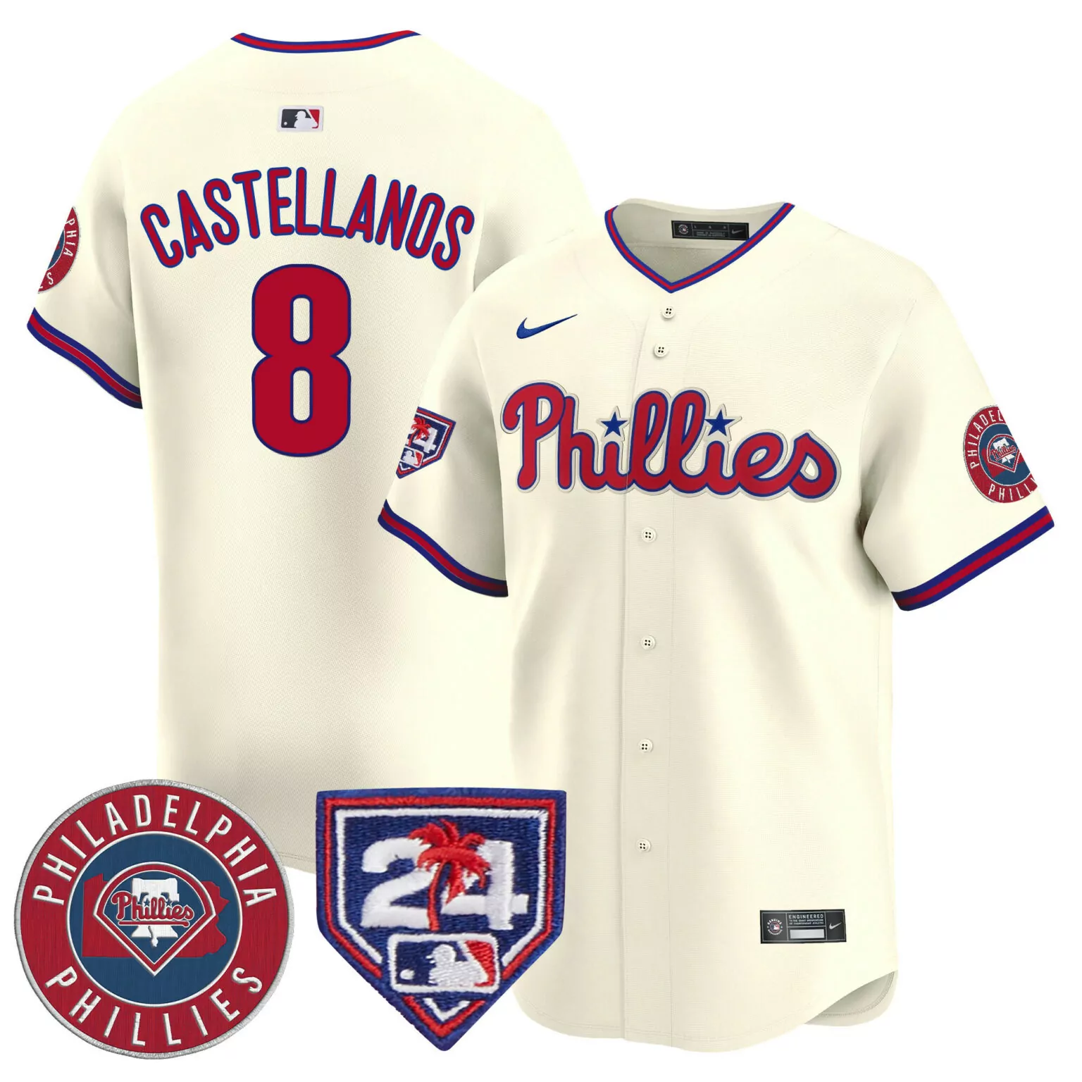 Personalized Cream nick castellanos philadelphia phillies 2024 spring training patch jersey v2 all stitched 8865