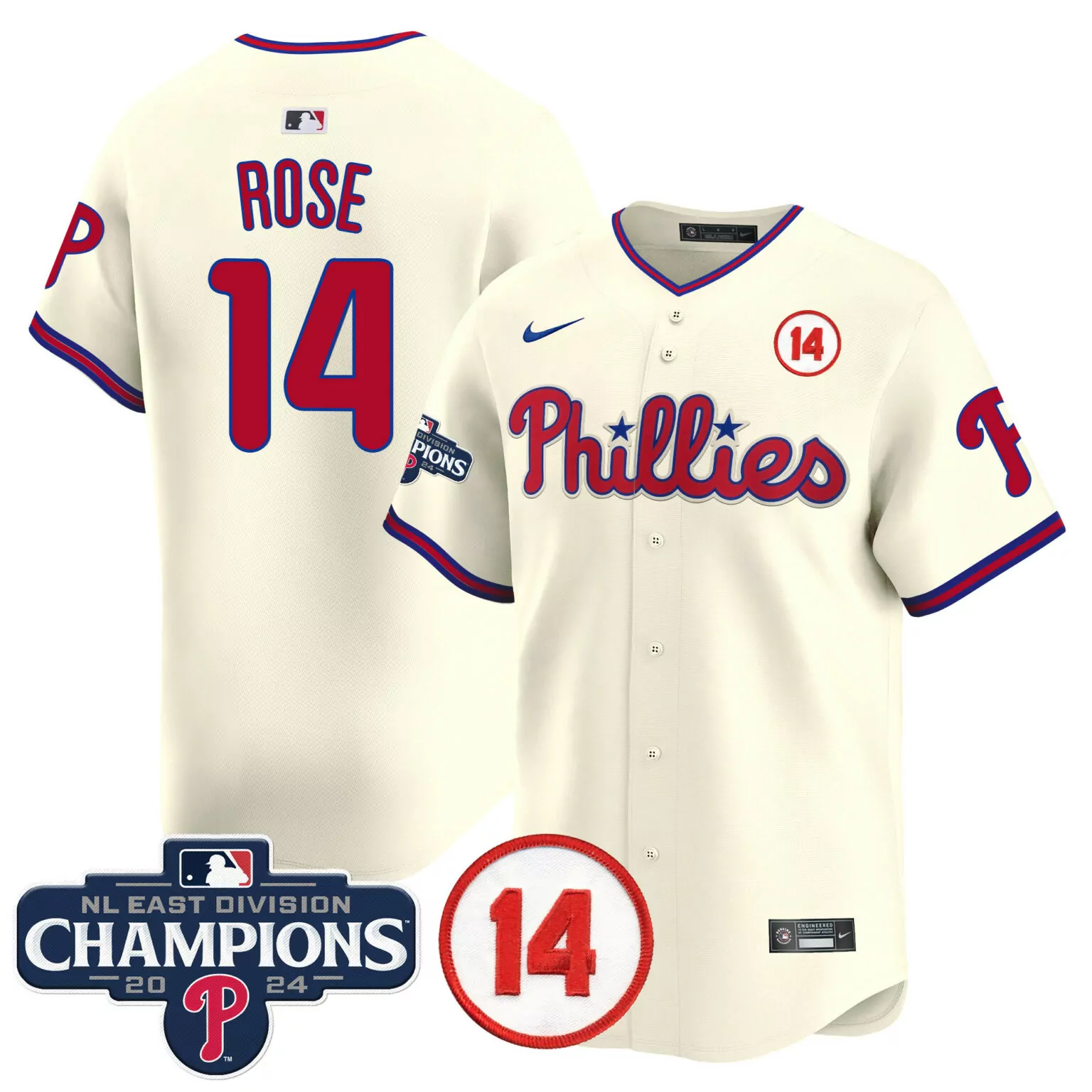 Personalized Cream pete rose philadelphia phillies 2024 nl east division champions pete rose patch jersey all stitched 4138