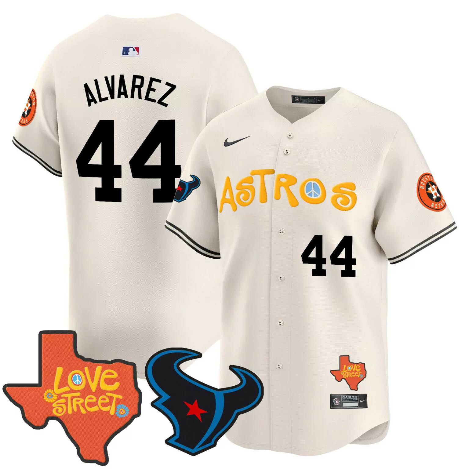 Personalized Cream yordan alvarez houston astros love street texans patch jersey all stitched 6197
