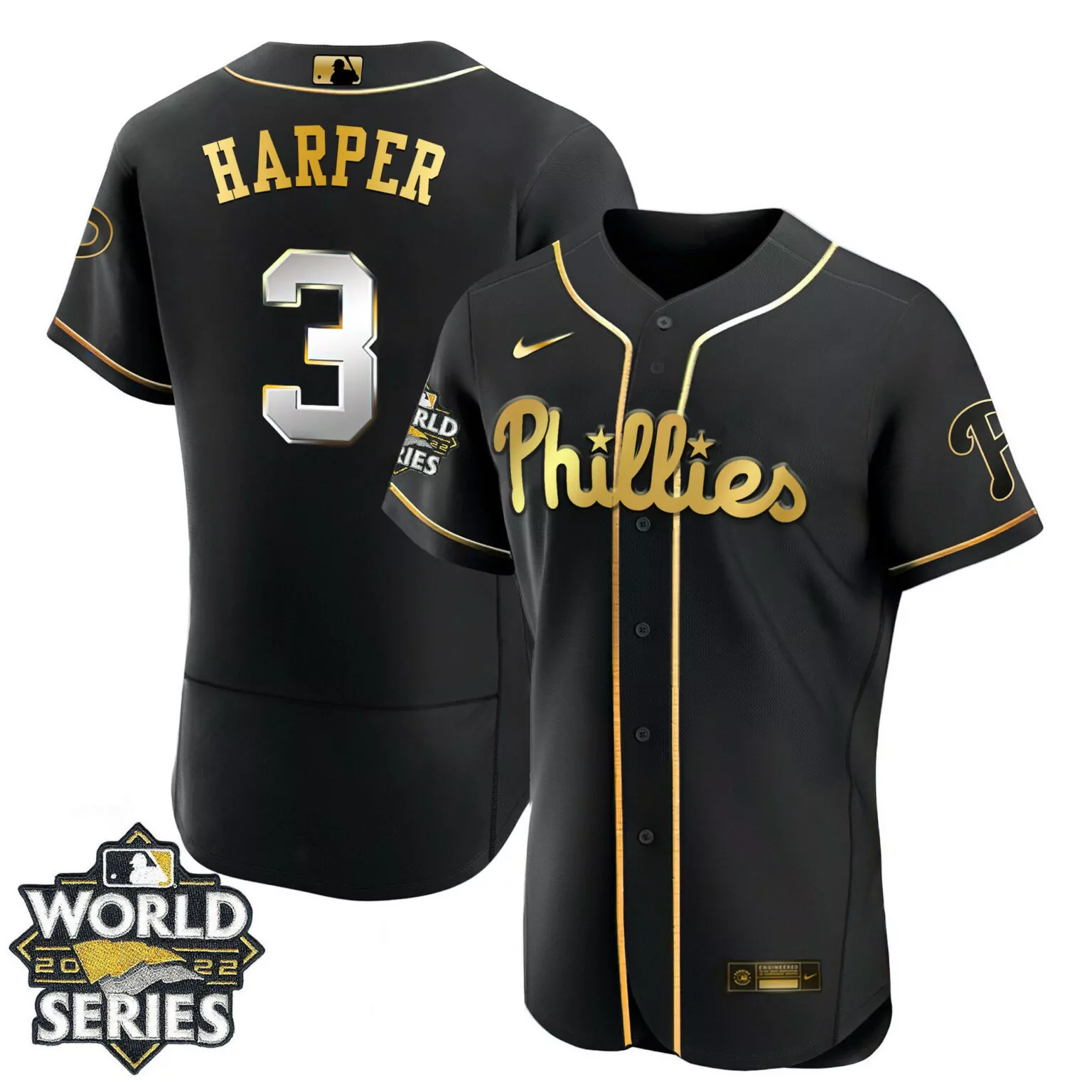 Personalized Flex black bryce harper philadelphia phillies gold 2022 world series jersey all stitched 7493