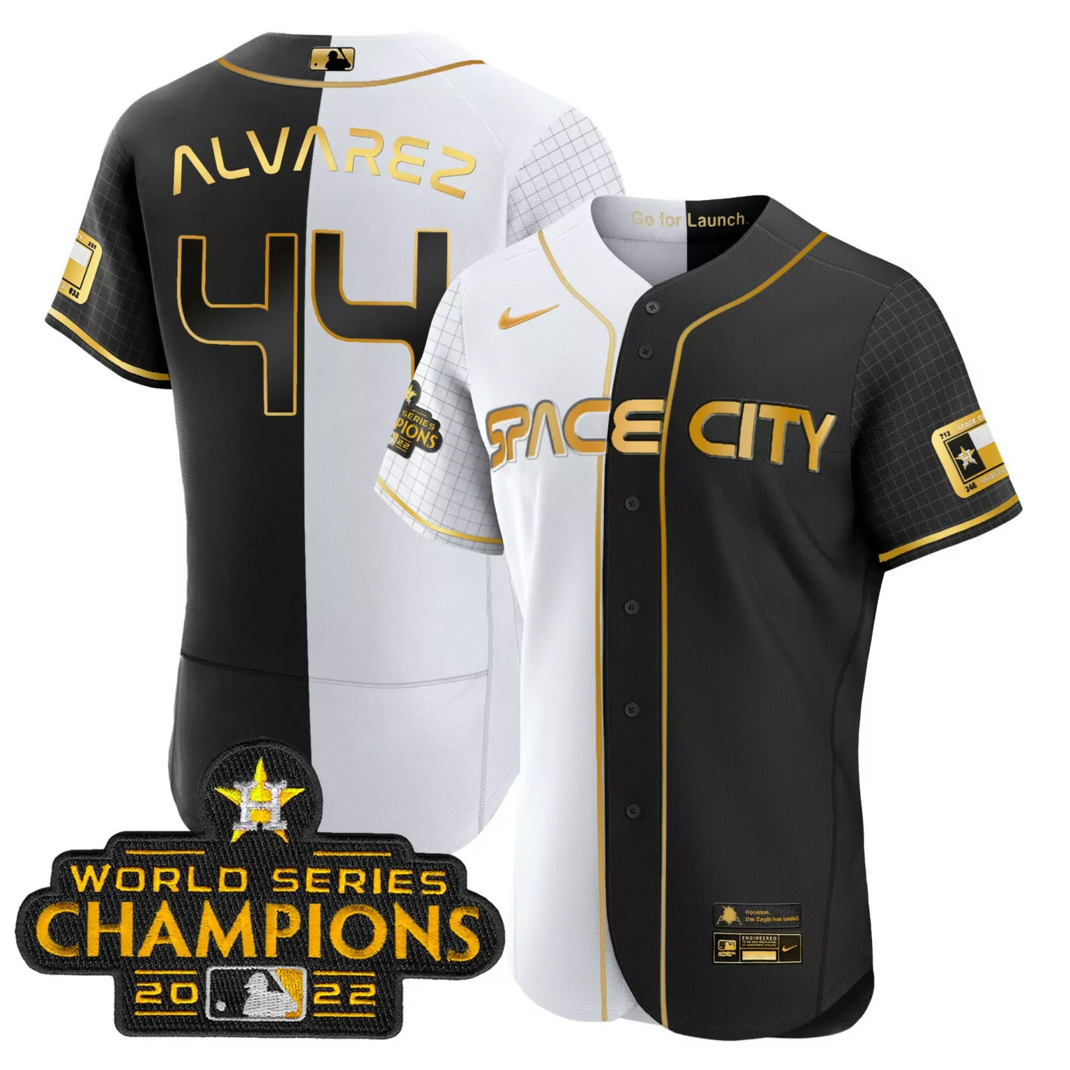 Personalized Flex gold yordan alvarez houston astros 2023 space city champions gold split jersey all stitched 5268