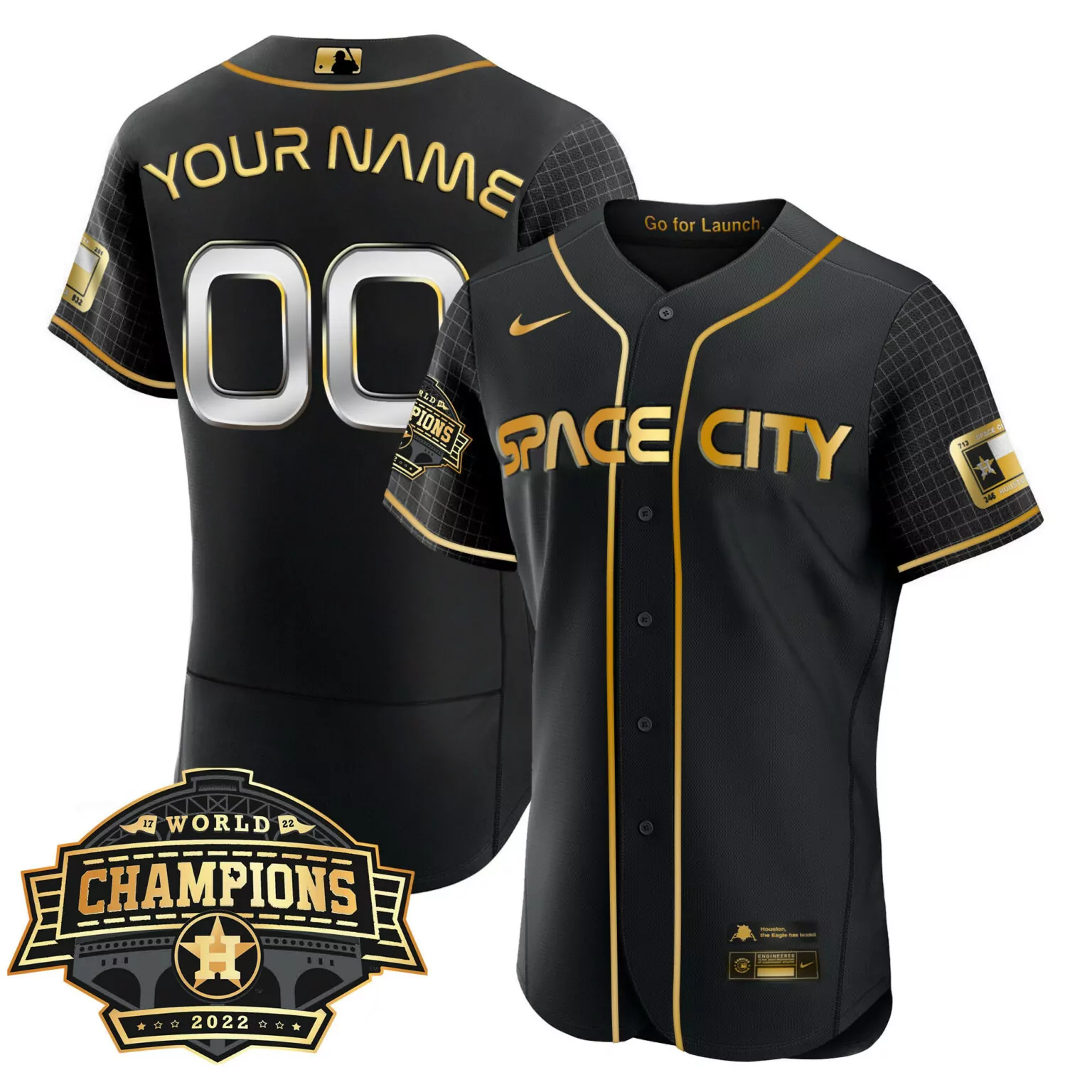 Customizable Flex space city black gold houston astros 2022 champions custom name and number jersey all stitched 1094