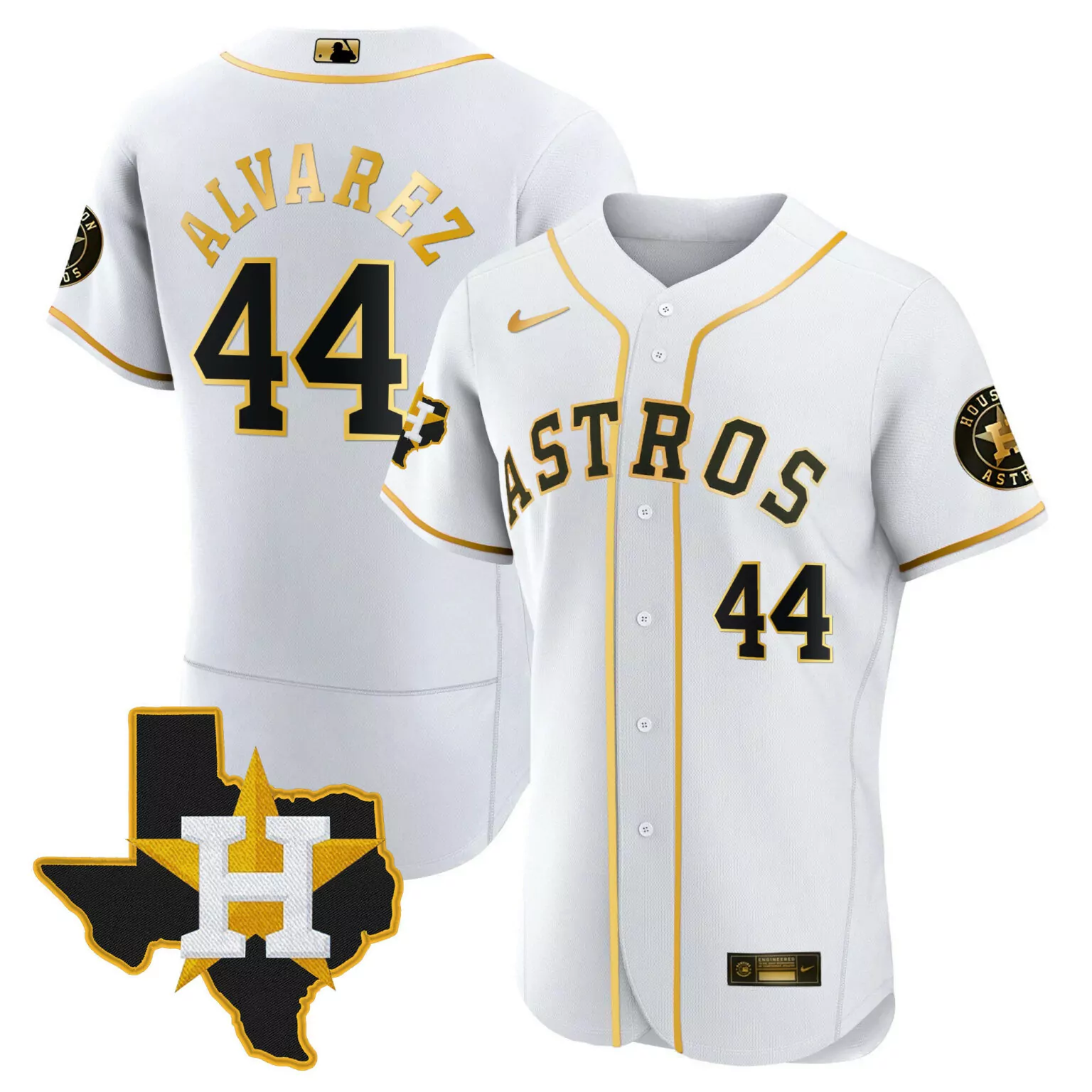 Personalized Flex white yordan alvarez houston astros 2024 gold jersey texas patch all stitched 5850