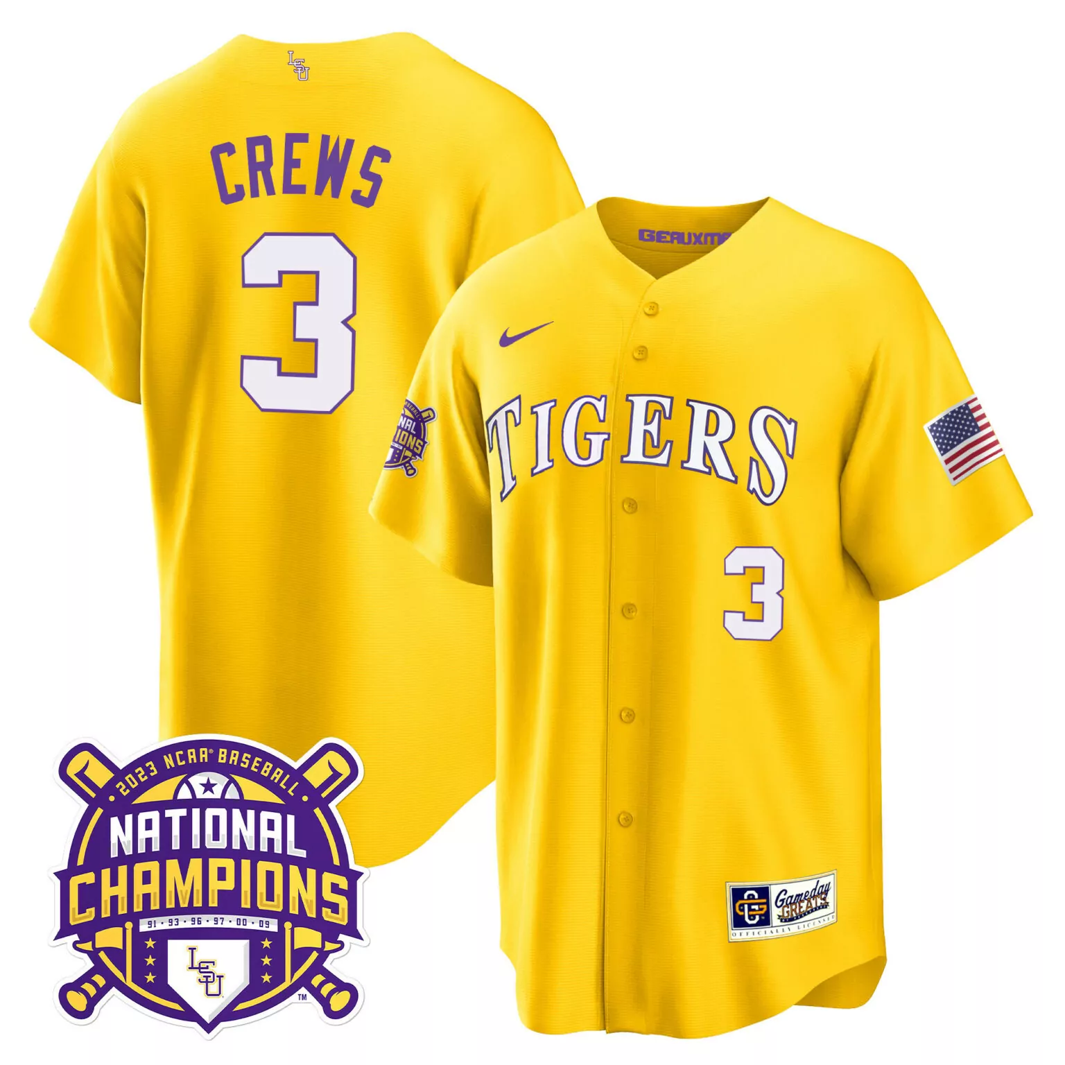 Customizable Gold dylan crews lsu tigers 2023 national champions gold cool jersey v2 all stitched 2745