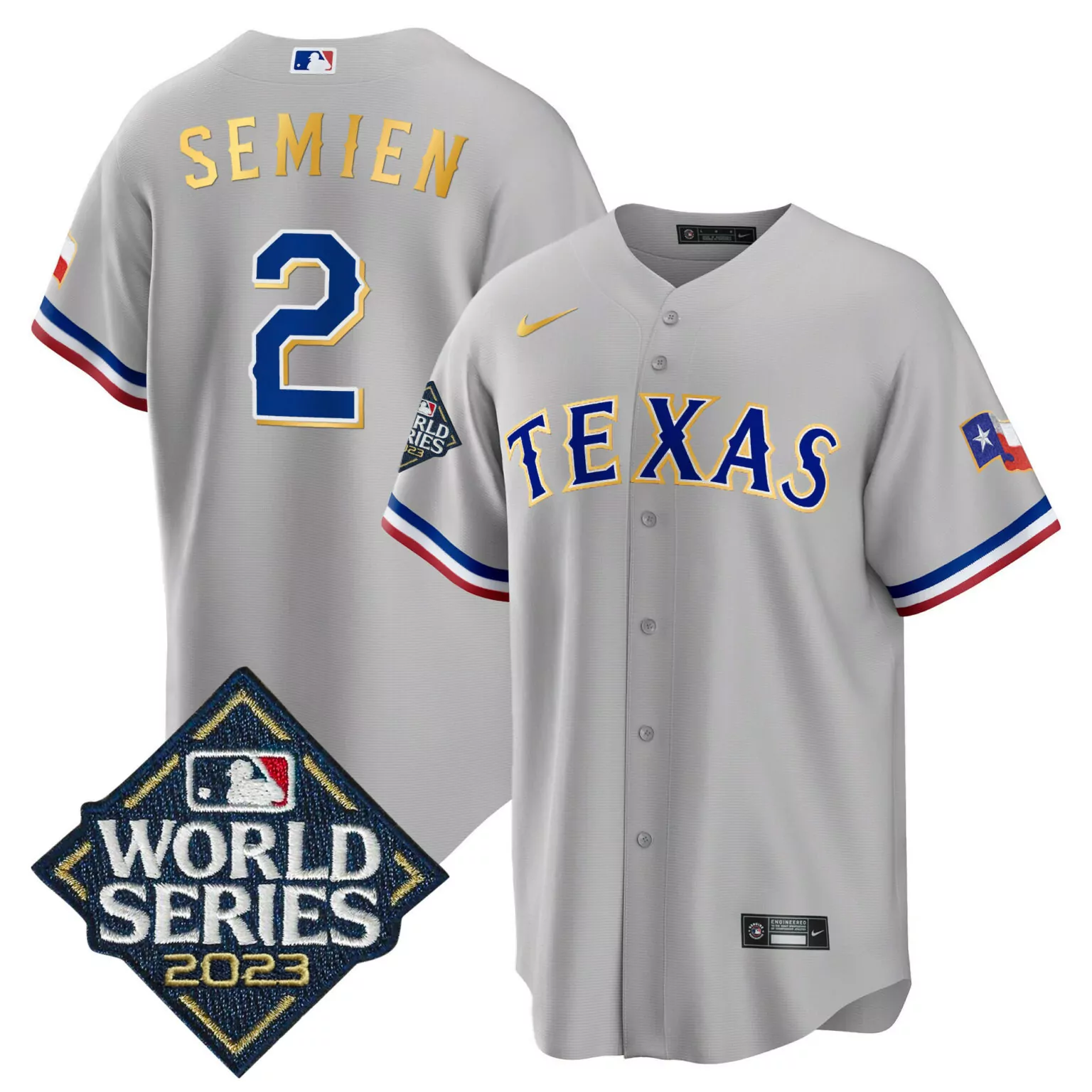 Custom Gray marcus semien texas rangers 2023 world series gold trim jersey all stitched 7631