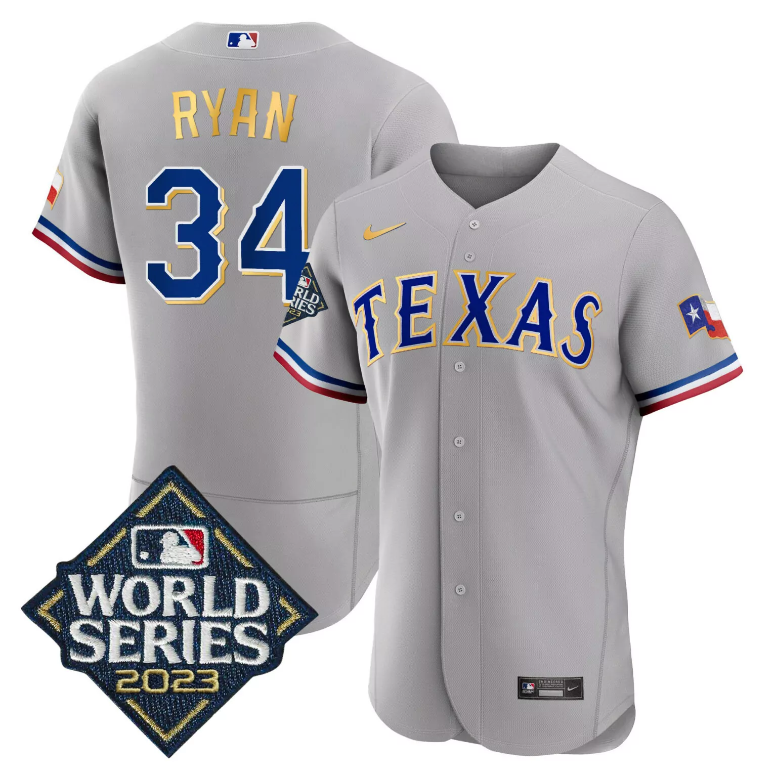 Personalized Gray nolan ryan texas rangers 2023 world series gold trim jersey all stitched 7427