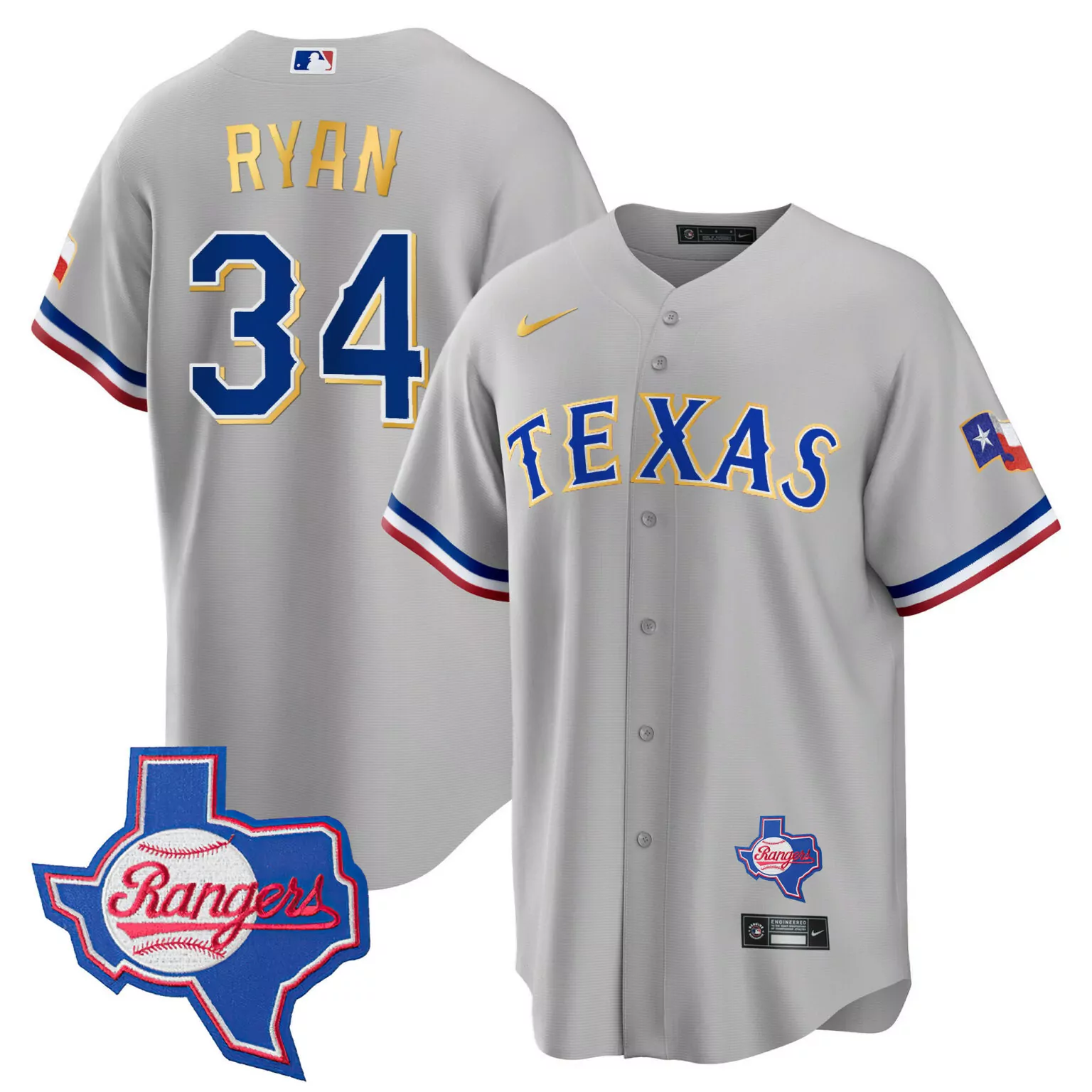 Personalized Gray nolan ryan texas rangers gold trim jersey texas patch all stitched 4087