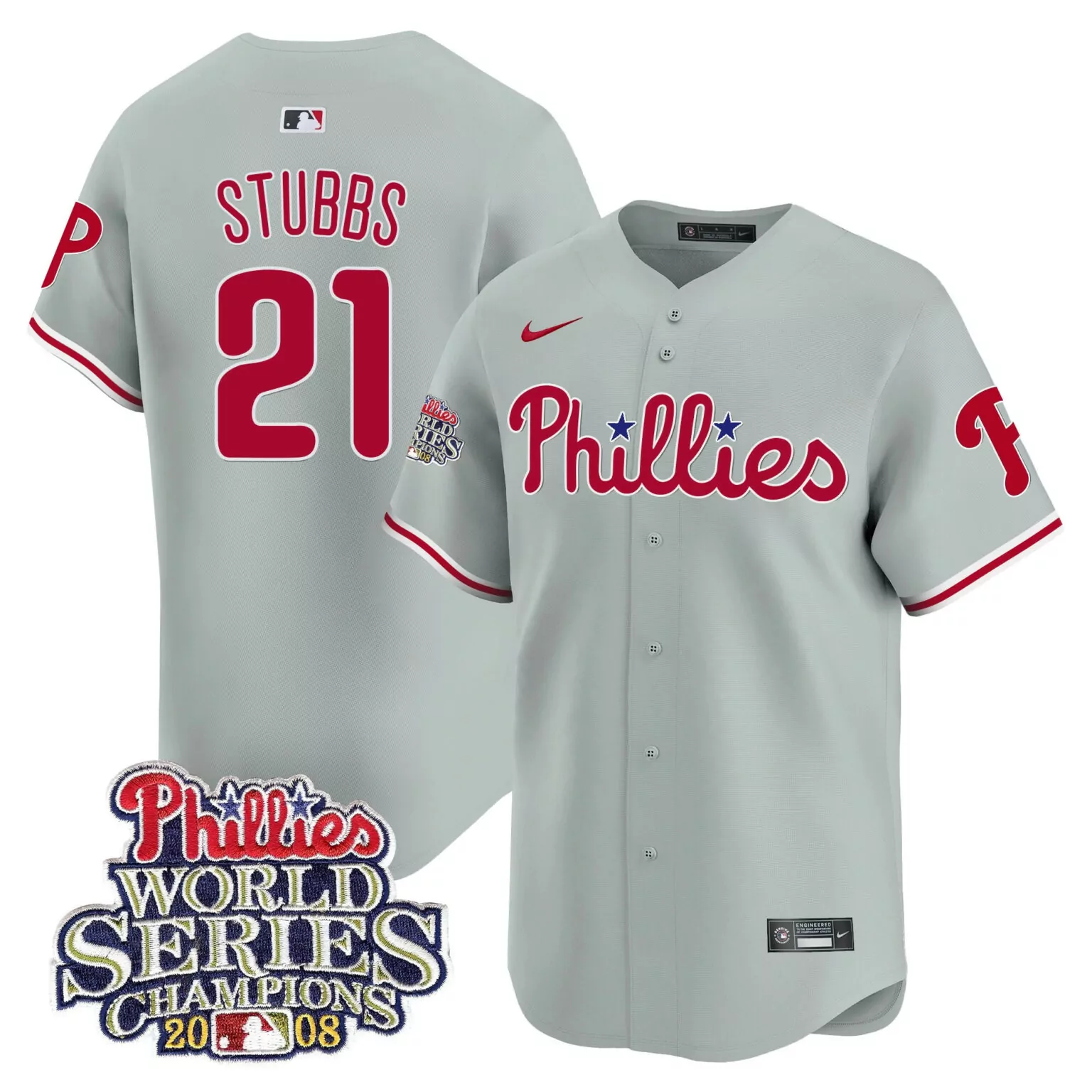 Customizable Gray road garrett stubbs philadelphia phillies 2008 world series champions patch jersey all stitched 2574