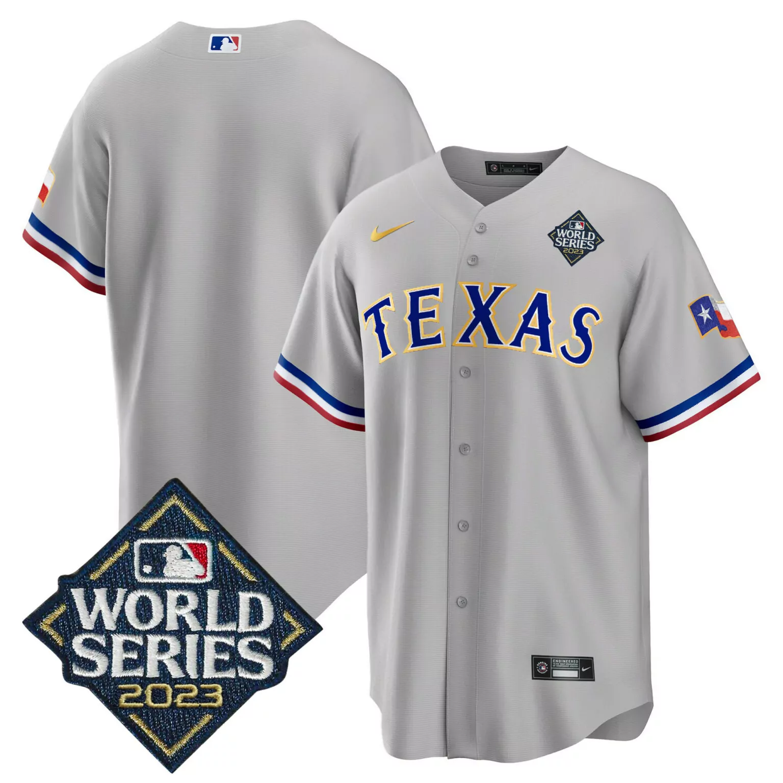 Customizable Gray team texas rangers 2023 world series gold trim jersey v2 all stitched 9091