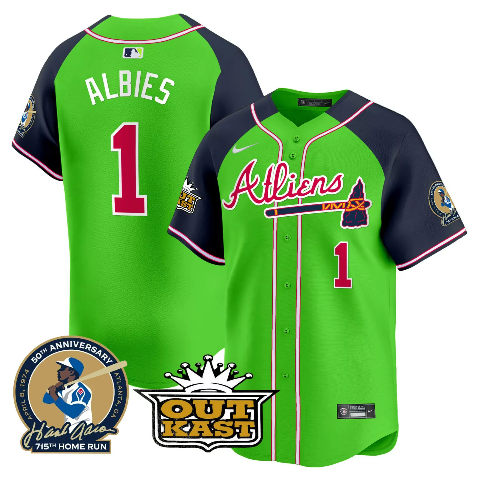 Custom Green alternate ozzie albies atlanta braves atliens hank aaron patch jersey all stitched 3391