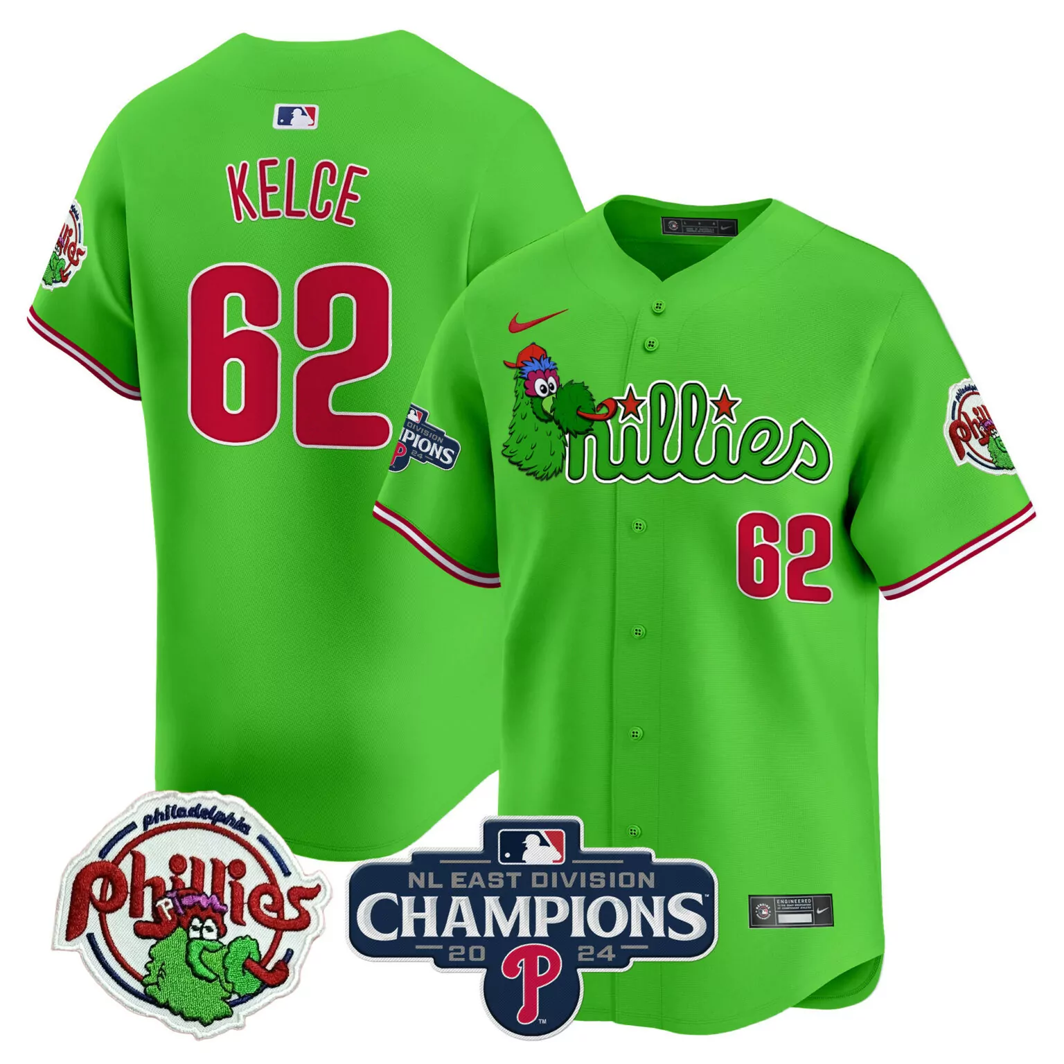 Custom Green jason kelce philadelphia phillies 2024 nl east division champions jersey v2 all stitched 1399