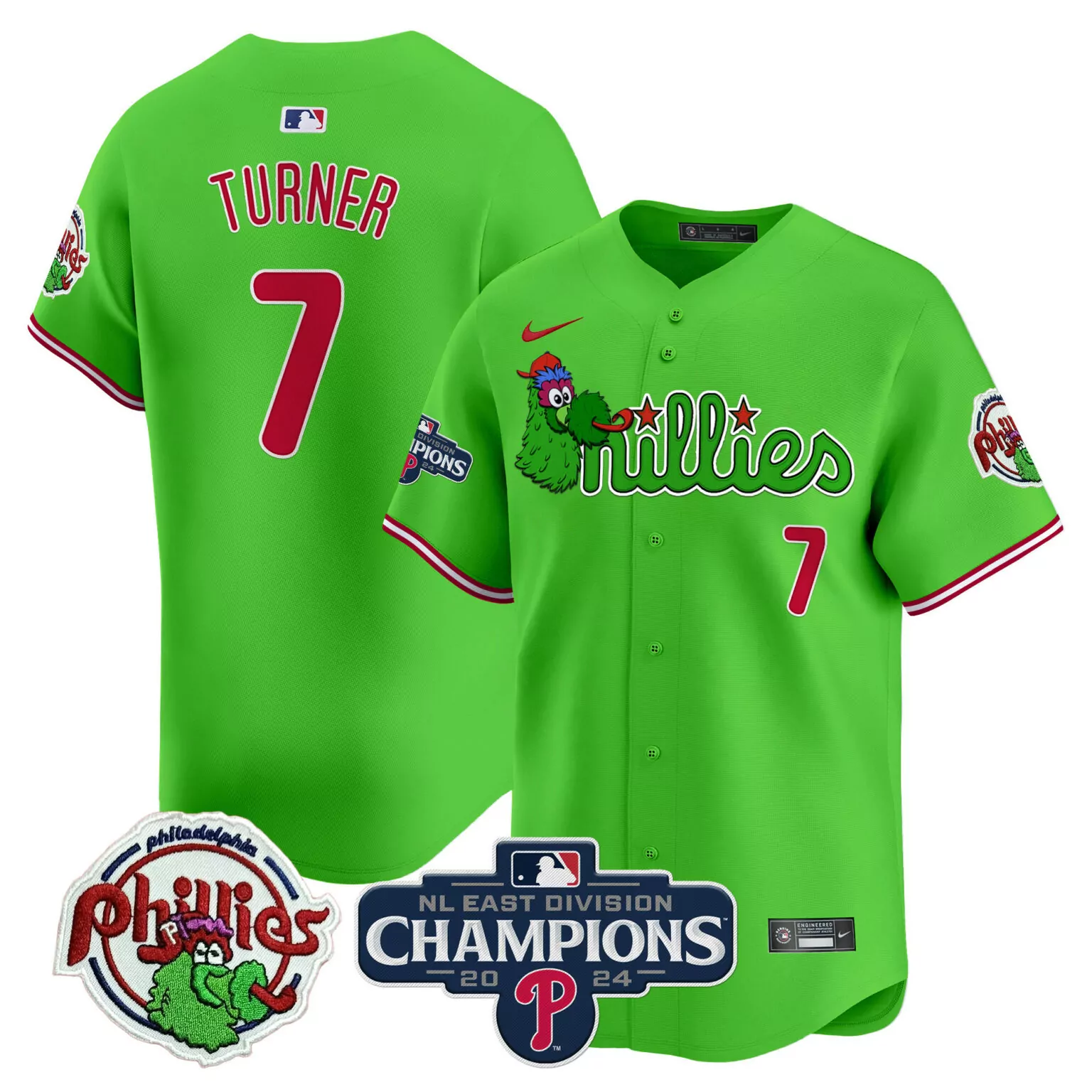 Customizable Green trea turner philadelphia phillies 2024 nl east division champions jersey v2 all stitched 1363