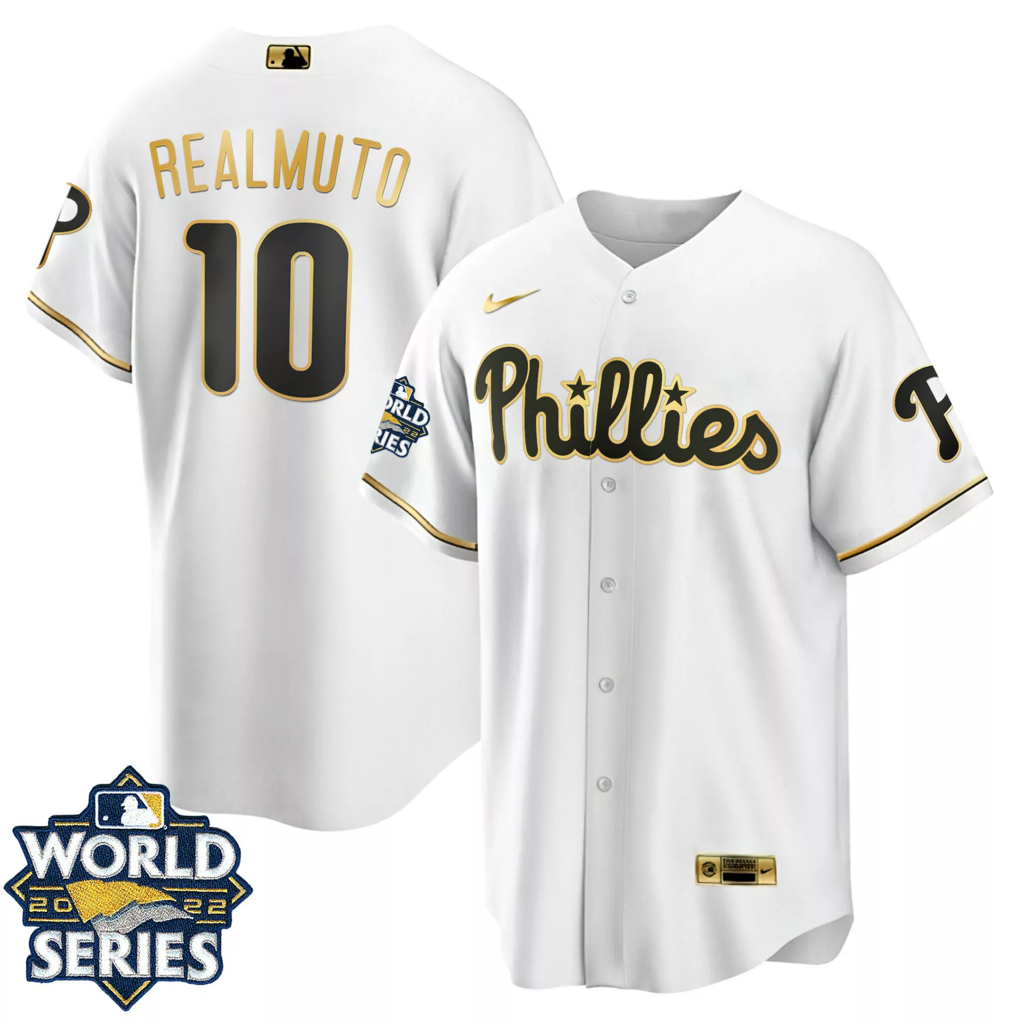 Customizable Jt realmuto philadelphia phillies white gold 2022 world series jersey all stitched 8927