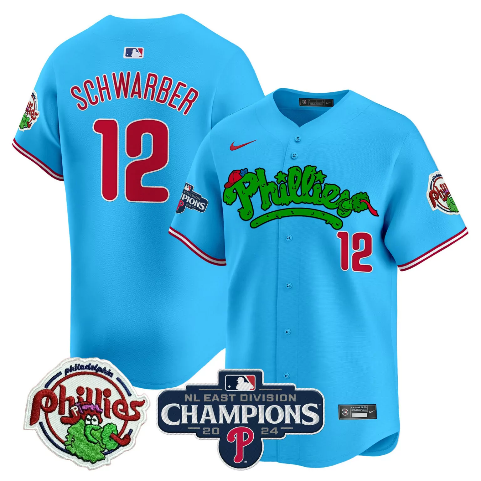 Personalized Light blue kyle schwarber philadelphia phillies 2024 nl east division champions jersey all stitched 8451