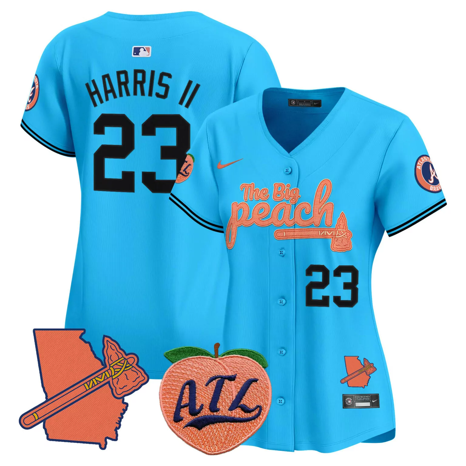 Personalized Light blue michael harris ii atlanta braves the big peach jersey v2 all stitched 2080